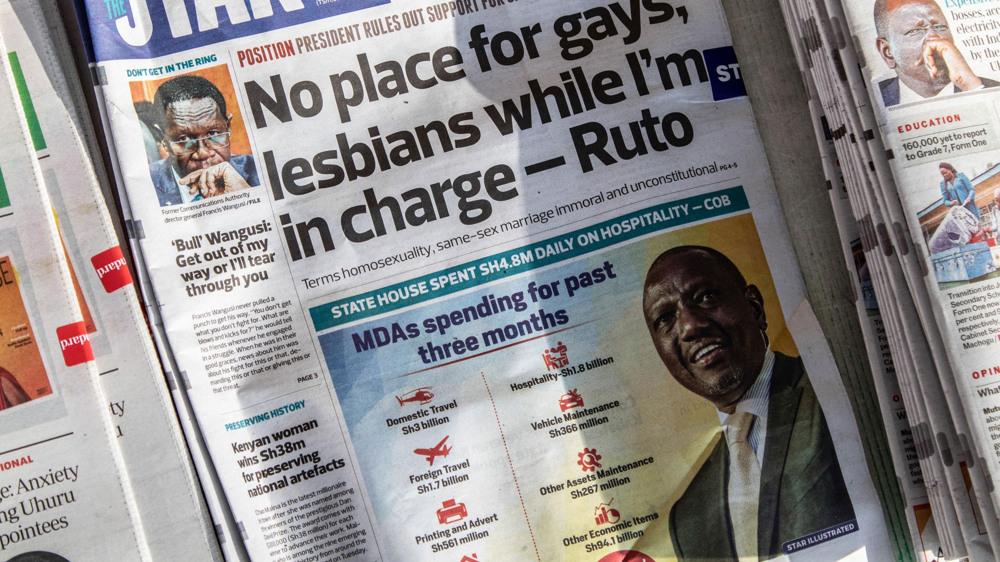 Die Seite eins einer kenianischen Tageszeitung zeigt ein Zitat von Präsident Ruto: So lange ich an der Macht bin, wird es für Schwule und Lesben keinen Platz geben."