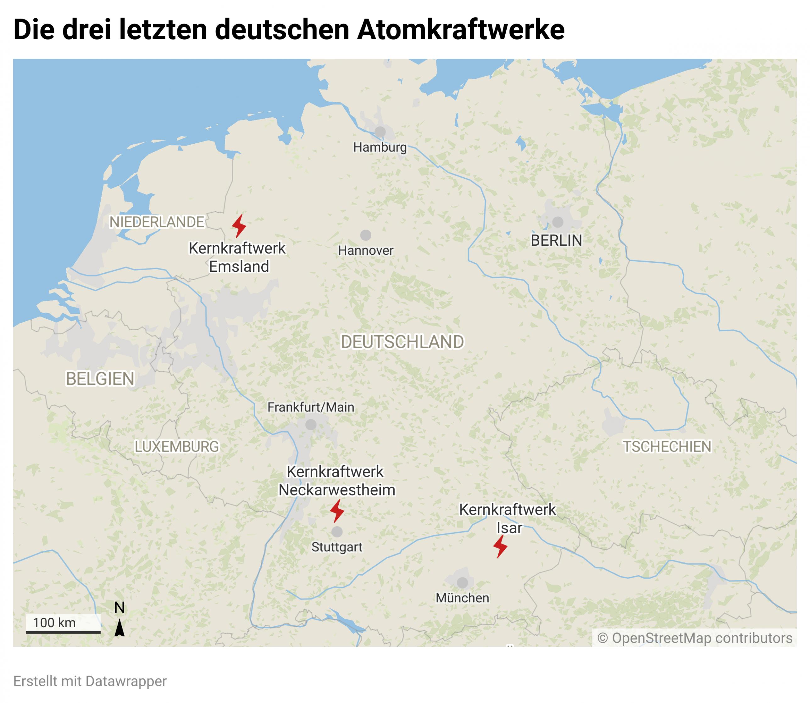 Deutschlandkarte mit den Standorten der drei Kernkraftwerke Isar, Neckarwestheim, Emsland