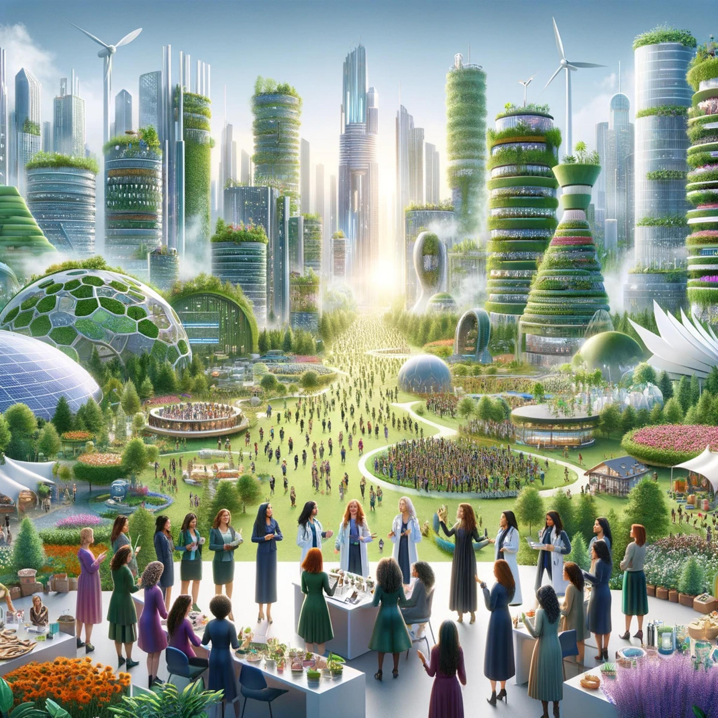 Man sieht ein von der KI erstelltes Bild. Im Vordergrund steht eine Gruppe von Frauen, im Hintergrund sieht man futuristische Häuser mit vertikalen Gärten, Windräder, Solarzellen