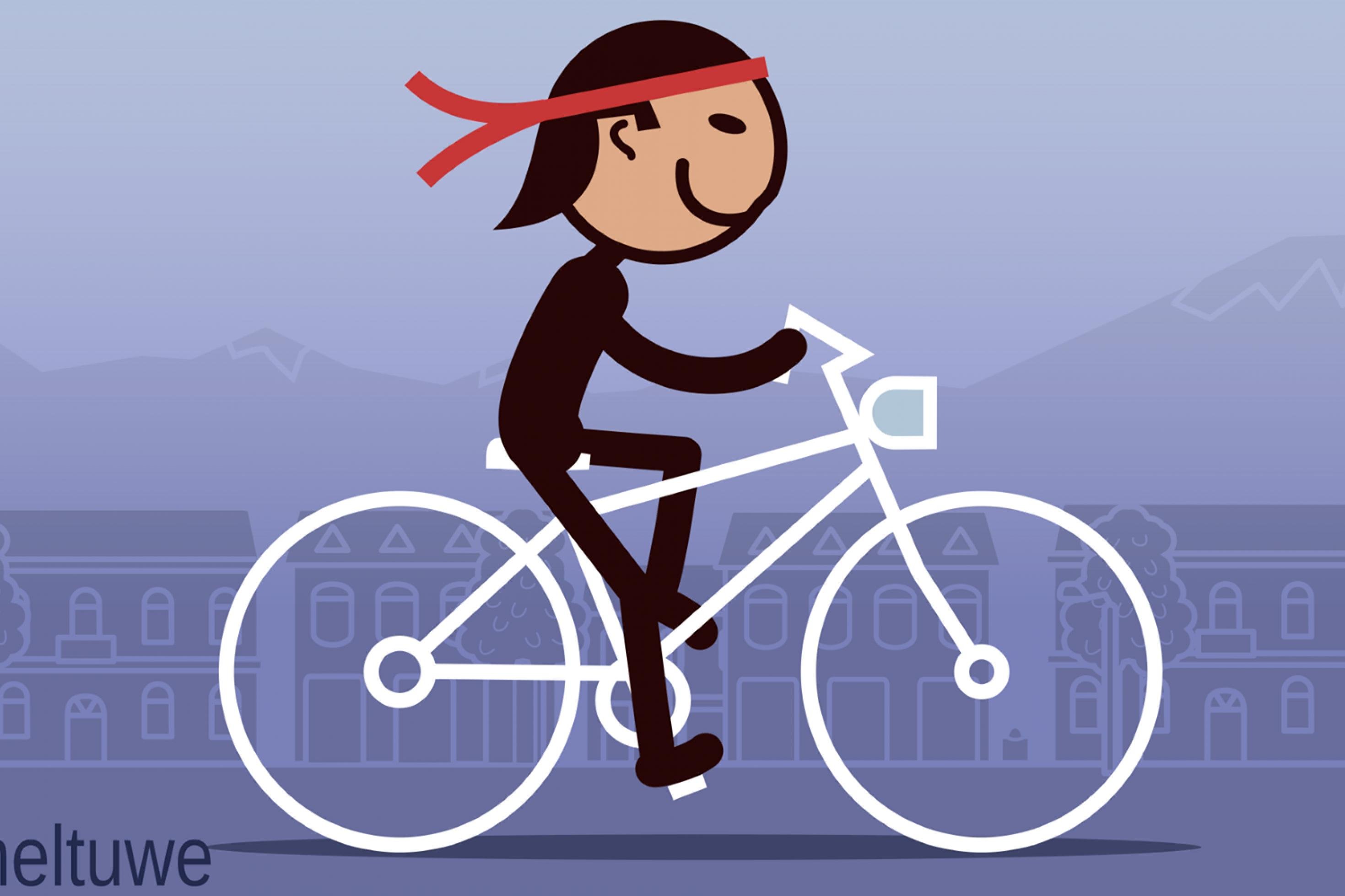 Eine Zeichentrickfigur im Mapuche-Look auf dem Fahrrad, im Hintergrund die Stadt
