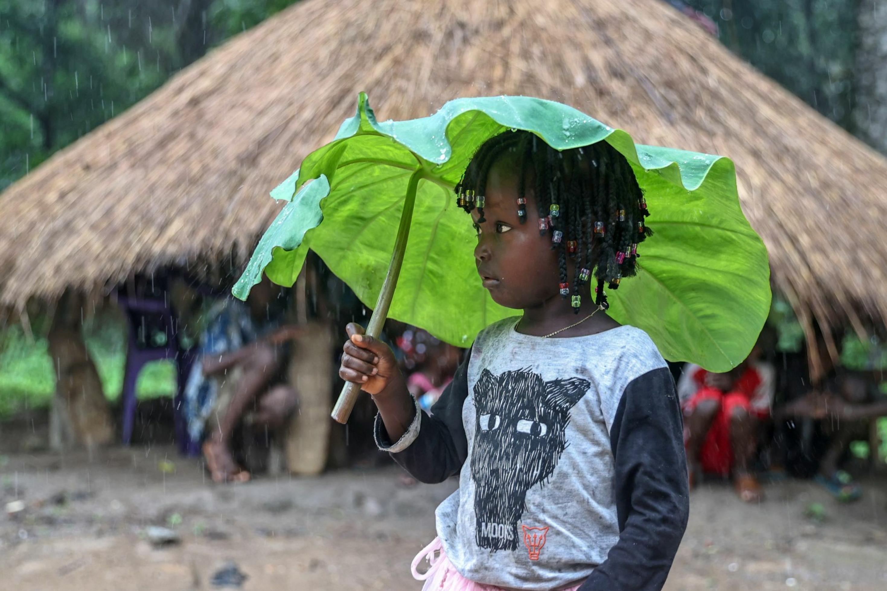 Ein Kind in Guinea im Regen benutzt ein Blatt als Regenschirm