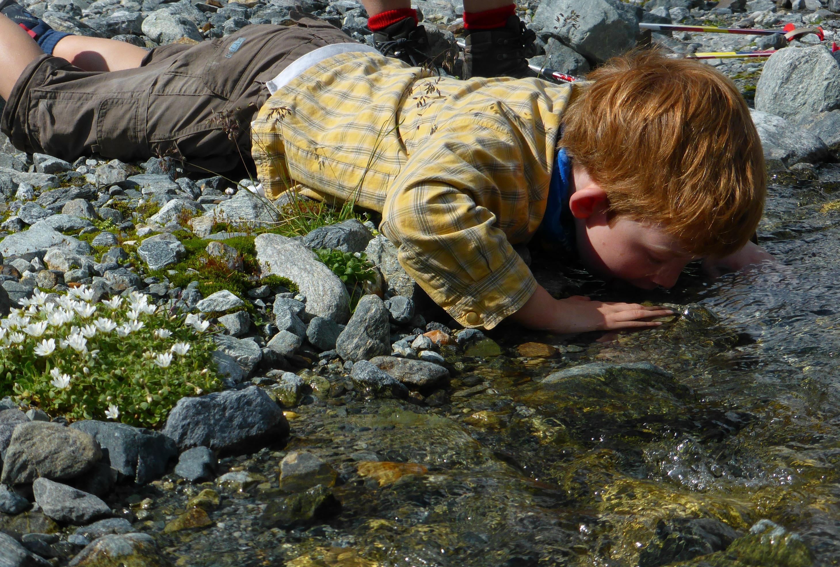 Sechsjähriger mit rotblondem Schopf liegt an einer Bachkante, den Mund ins Wasser getaucht.