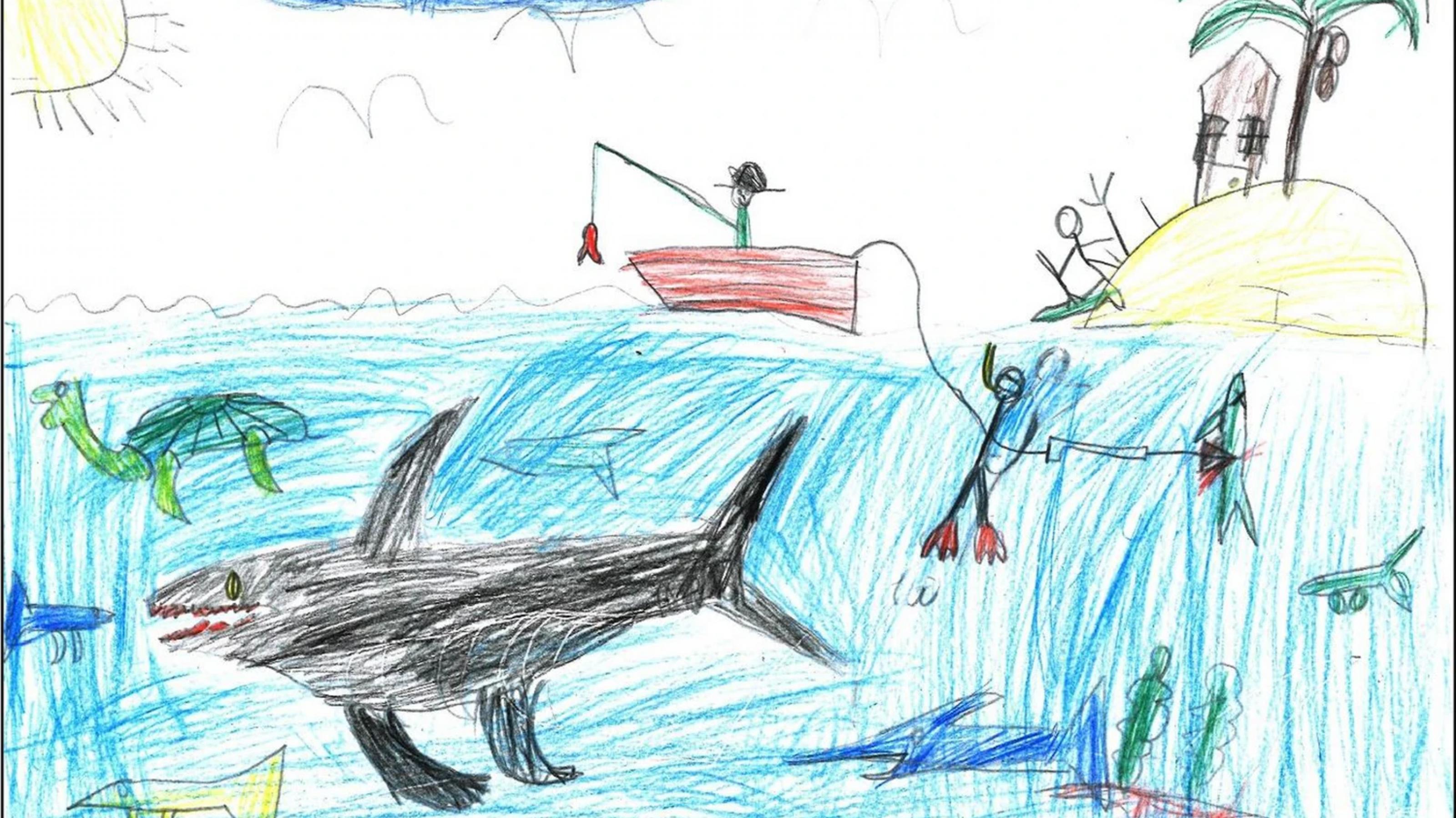 Eine Kinderzeichnung vom Meer mit einer kleinen Tropeninsel und zahlreichen Tieren, etwa einer Schildkröte und Fischen, sowie einem Taucher mit Harpune.