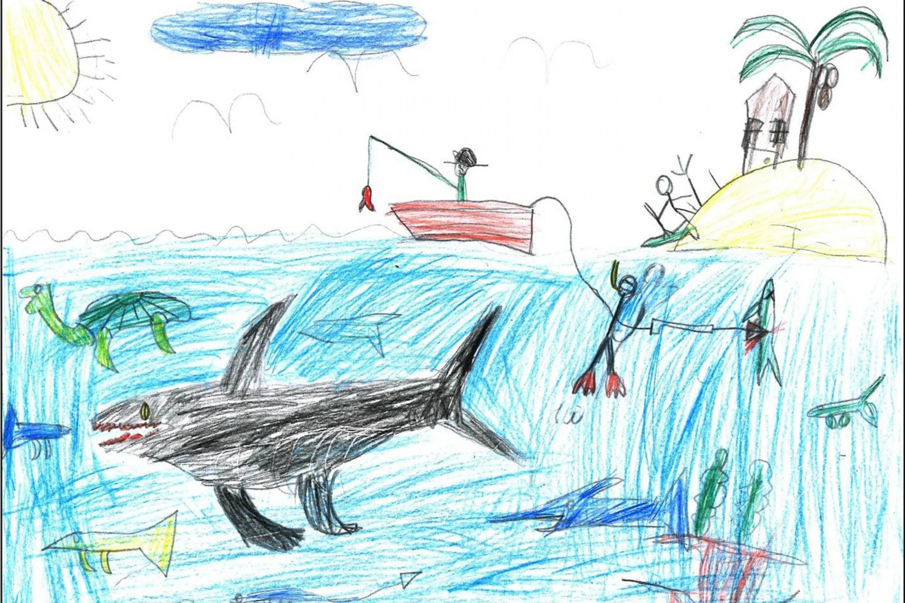 Eine Kinderzeichnung vom Meer mit einer kleinen Tropeninsel und zahlreichen Tieren, etwa einer Schildkröte und Fischen, sowie einem Taucher mit Harpune.
