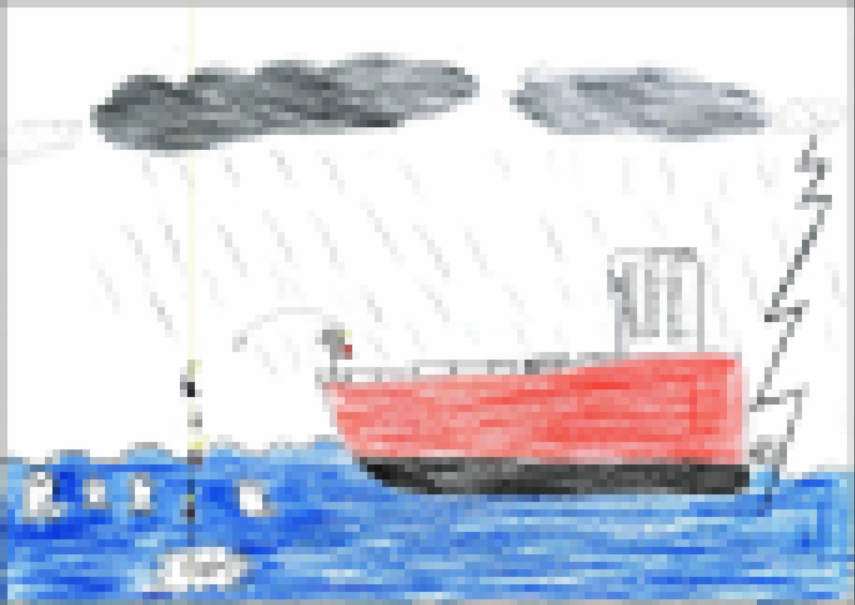 Eine Kinderzeichnung mit einem großen Schiff, von dem aus eine Figur explodierende Dynamitstangen ins Wasser wirft, wo schon tote Fische treiben.
