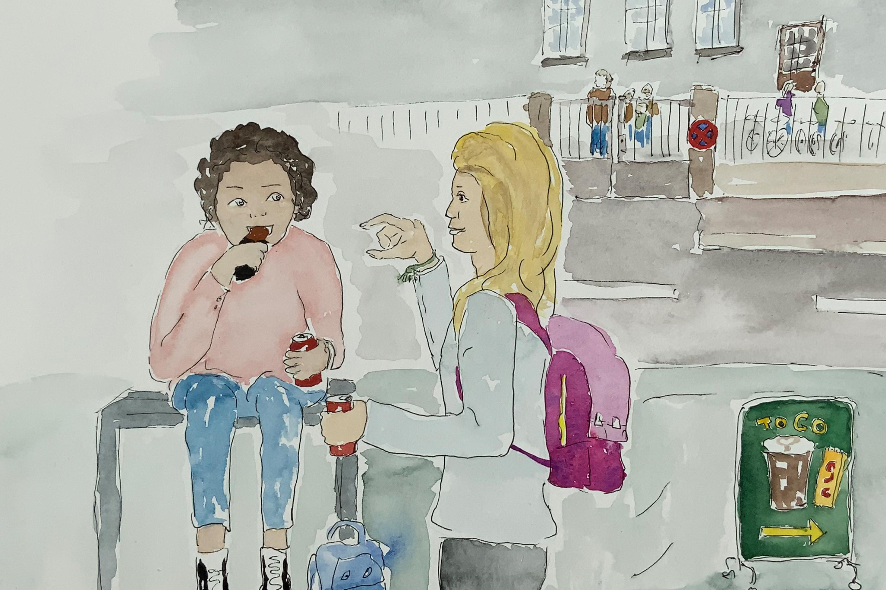 Die Grafik zeigt zwei Schülerinnen, die vor der Schule Cola trinken und Schokolade essen.