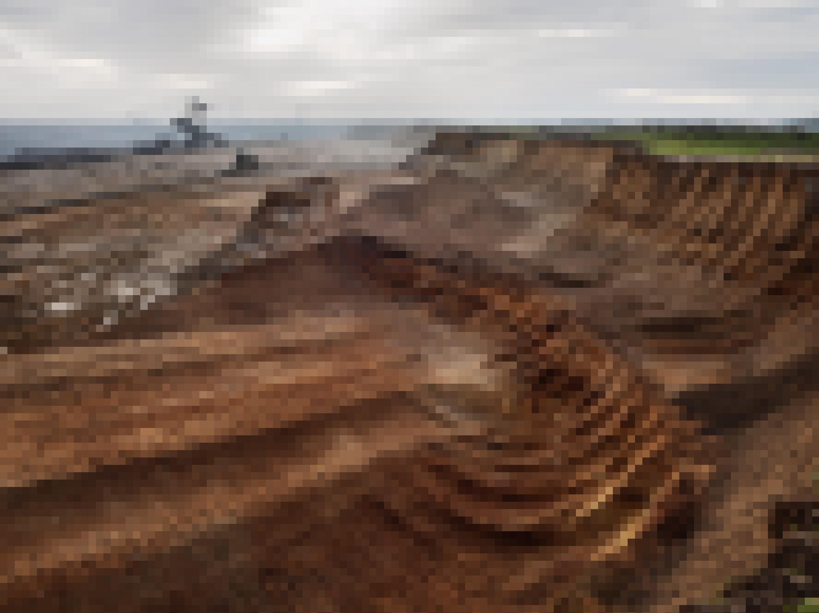 Das Bild zeigt die Braunkohltagebau-Grube von Garzweiler in Nordrhein-Westfalen, eine weite ausgeräumte Sandlandschaft mit einem Kohlebagger am Horizont.