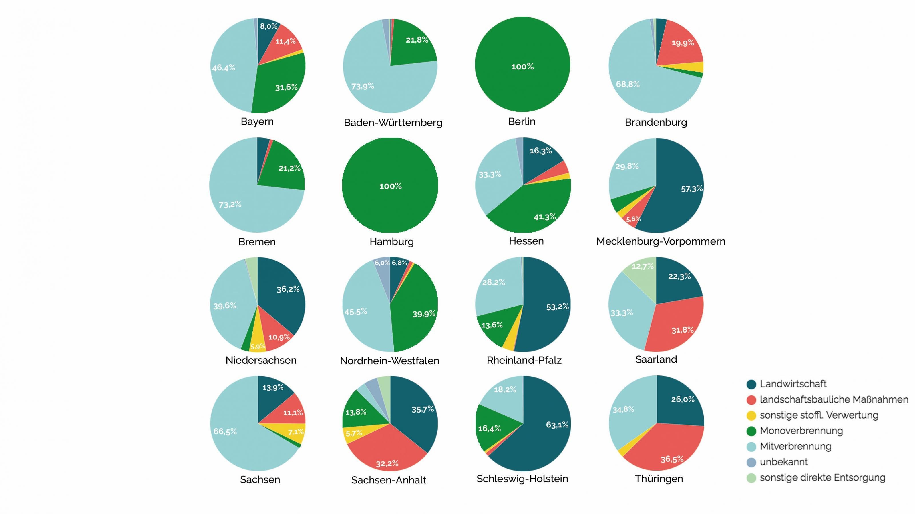 In den bevölkerungsreichen Bundesländern und in den Stadtstaaten überwiegt die Verbrennung, während in den ländlich geprägten Ländern die stoffliche Verwertung in der Landwirtschaft und im Landschaftsbau noch deutlich mehr als die Hälfte der Verwertung ausmachen kann. In diesen Ländern ist jedoch das Klärschlammaufkommen insgesamt deutlich geringer.