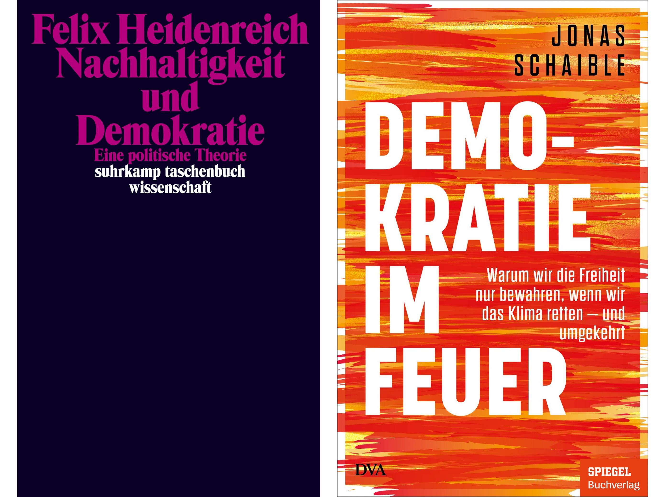 Buchtitel der beiden im Text besprochenen Bücher, das von Heidenreich ist schwarz-lila, das von Schaible rot-orange.