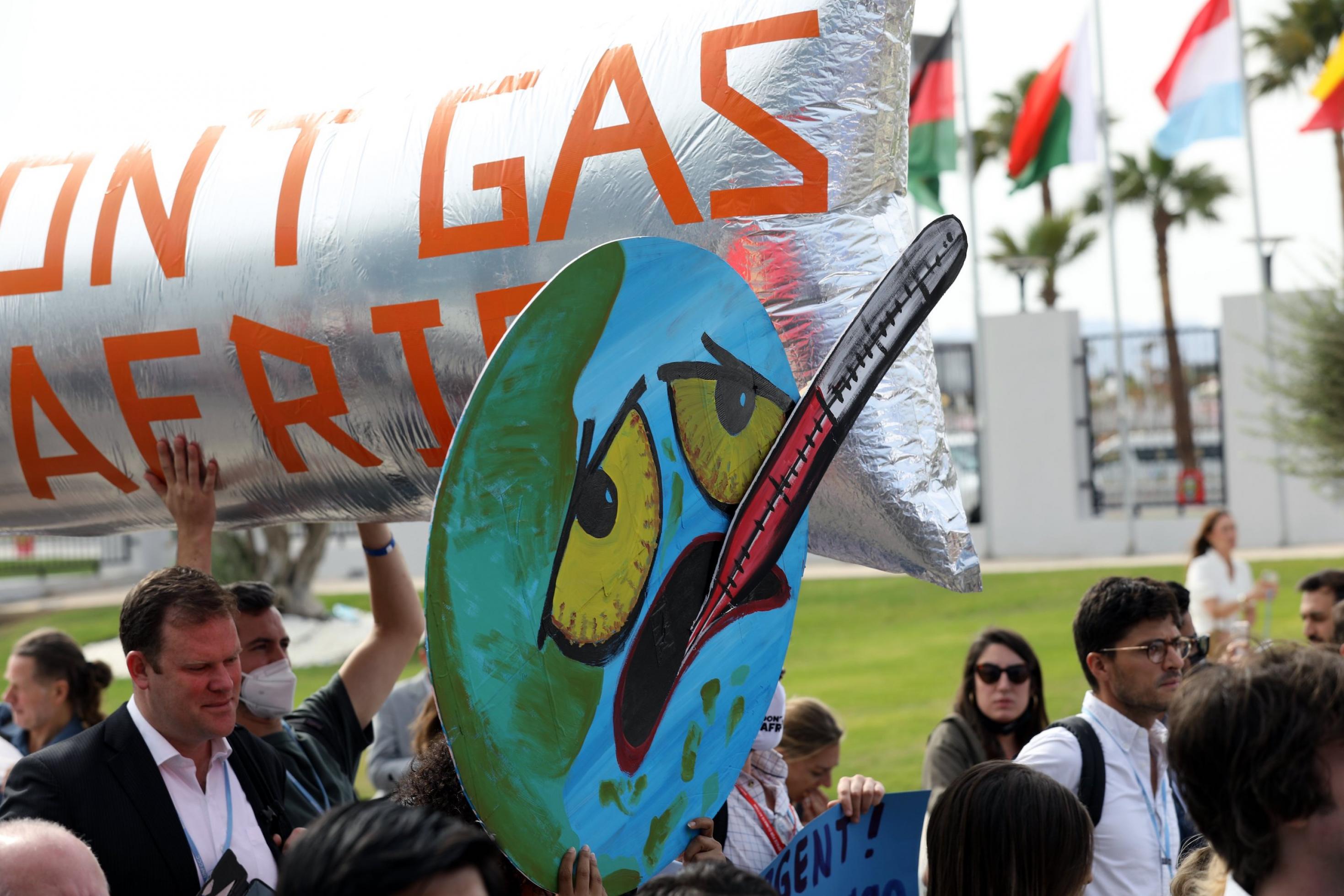 Demonstranten mit Bild einer Erde, die ein Fieberthermometer im Mund hat und ächzt.