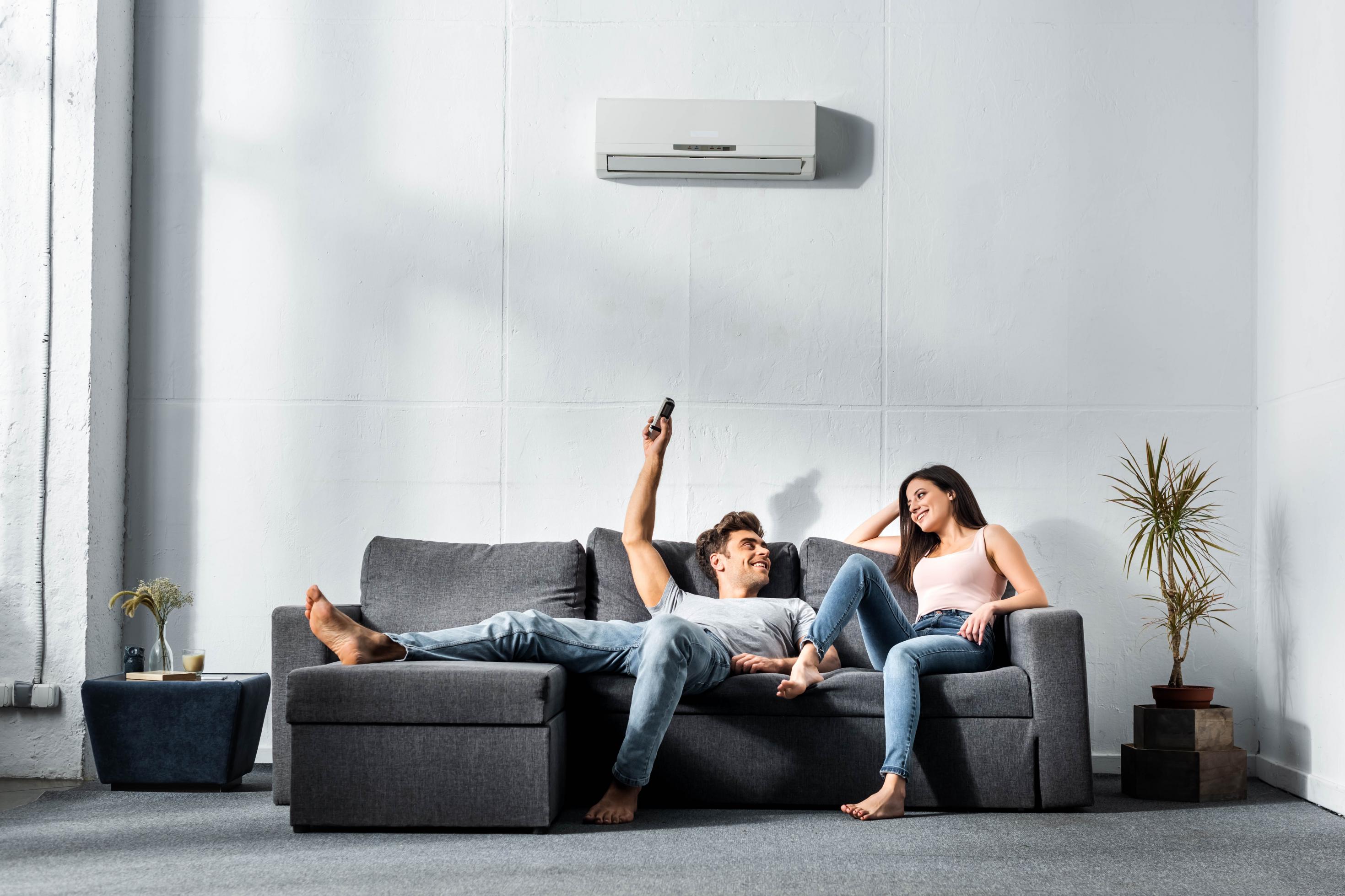 Innengerät einer Klimaanlage, montiert an einer Wohnungswand. Darunter ein junges Paar auf einem grauen Sofa, links und rechts daneben Grünfplanzen.