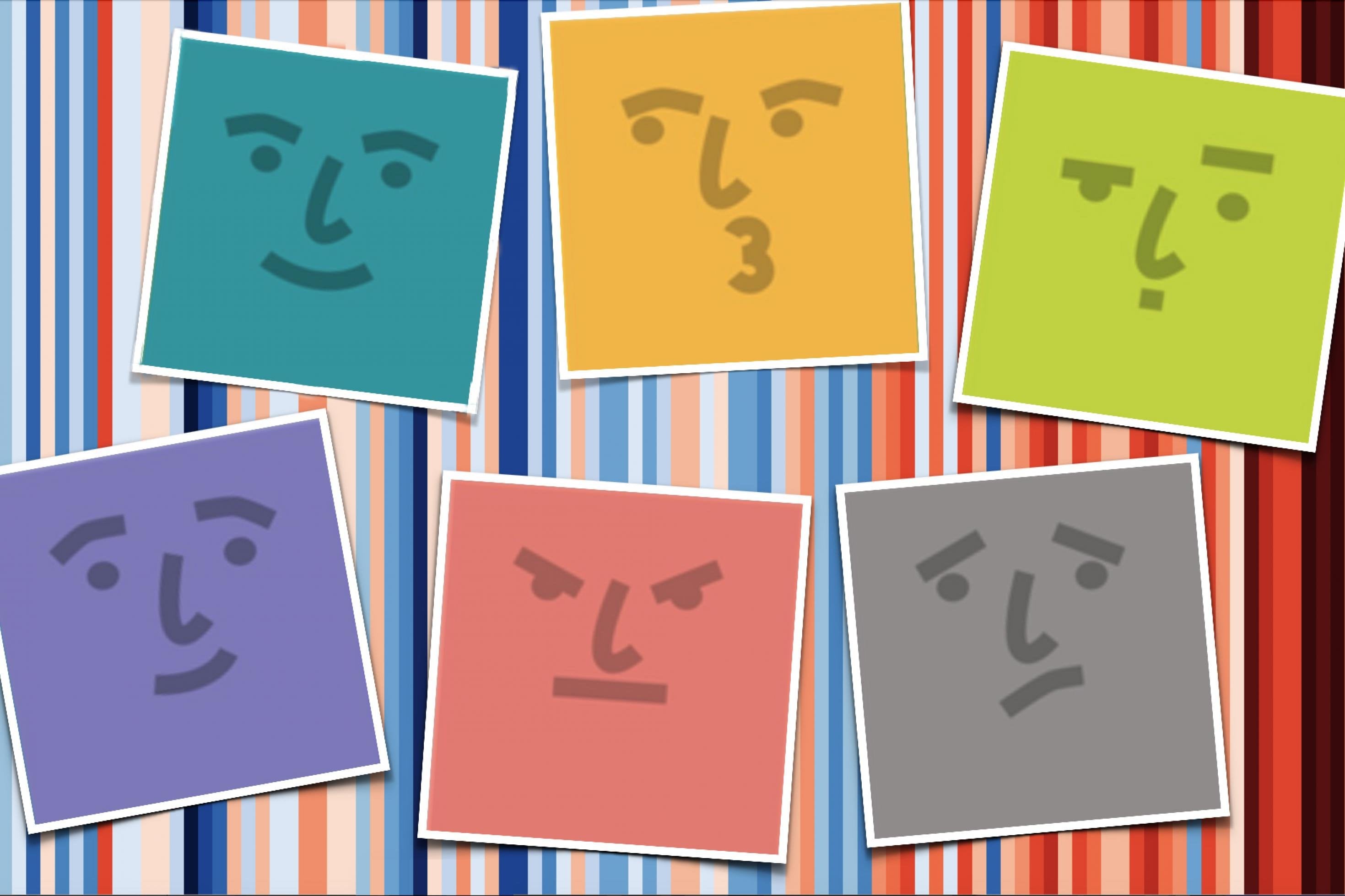 Die sechs Gesichter sind farbige Quadrate mit wenigen Strichen und Punkten für Augen, Nase und Mund. Darunter liegt ein Streifenmuster, das kältere Jahre in Blautönen und wärmere in Rottönen zeigt. Insgesamt verschieben sich so die Farben von links nach rechte von blau zu rot.