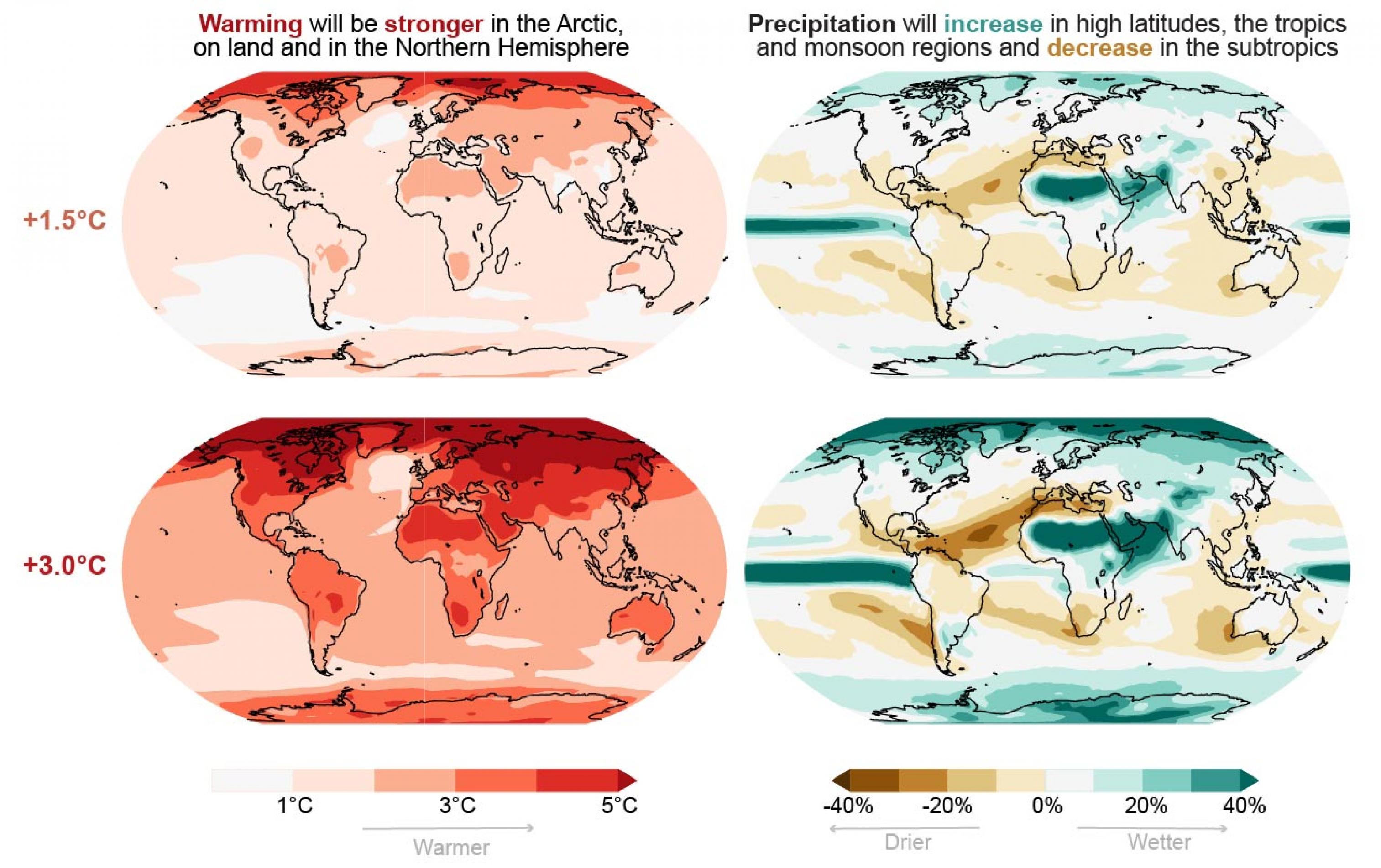 Zwei Weltkarten, in denen die künftigen Änderungen bei Temperatur und Niederschlag farblich dargestellt sind.