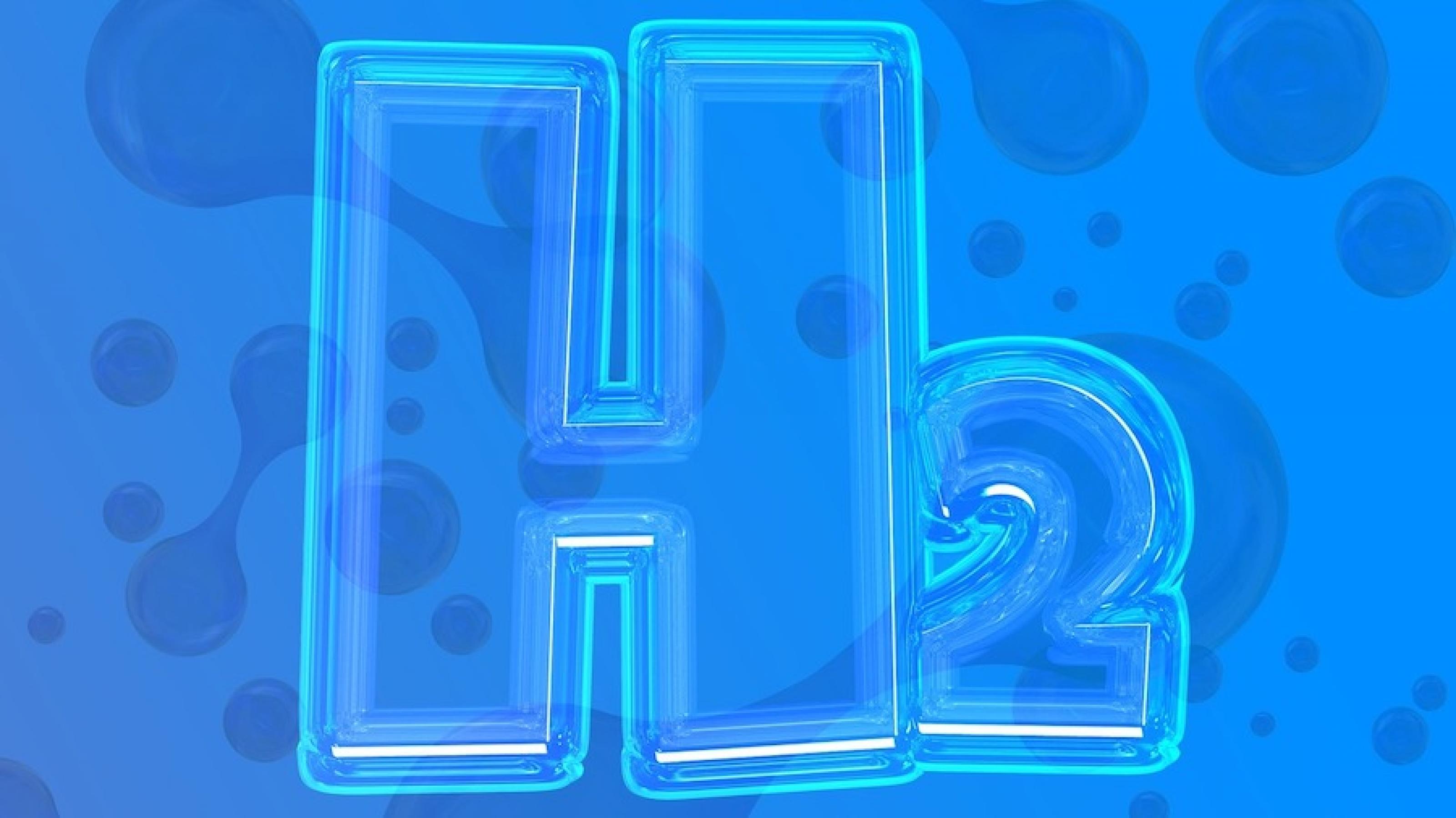 H2 als Symbol für Wasserstoff auf blauem Grund.