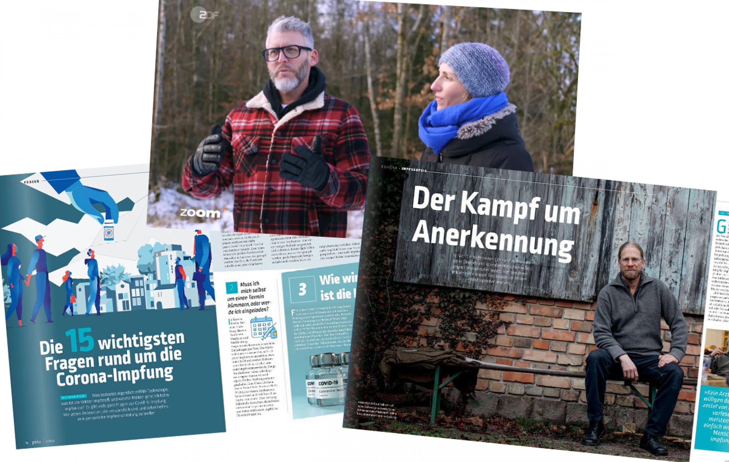 Zwei Doppelseiten aus dem Magazin „Pieks“ und ein Bild aus der Dokumentation: ein Mann mit grauem Vollbart und Brille in Holzfällerjacke und eine Frau mit blauer Mütze und blauem Schal.