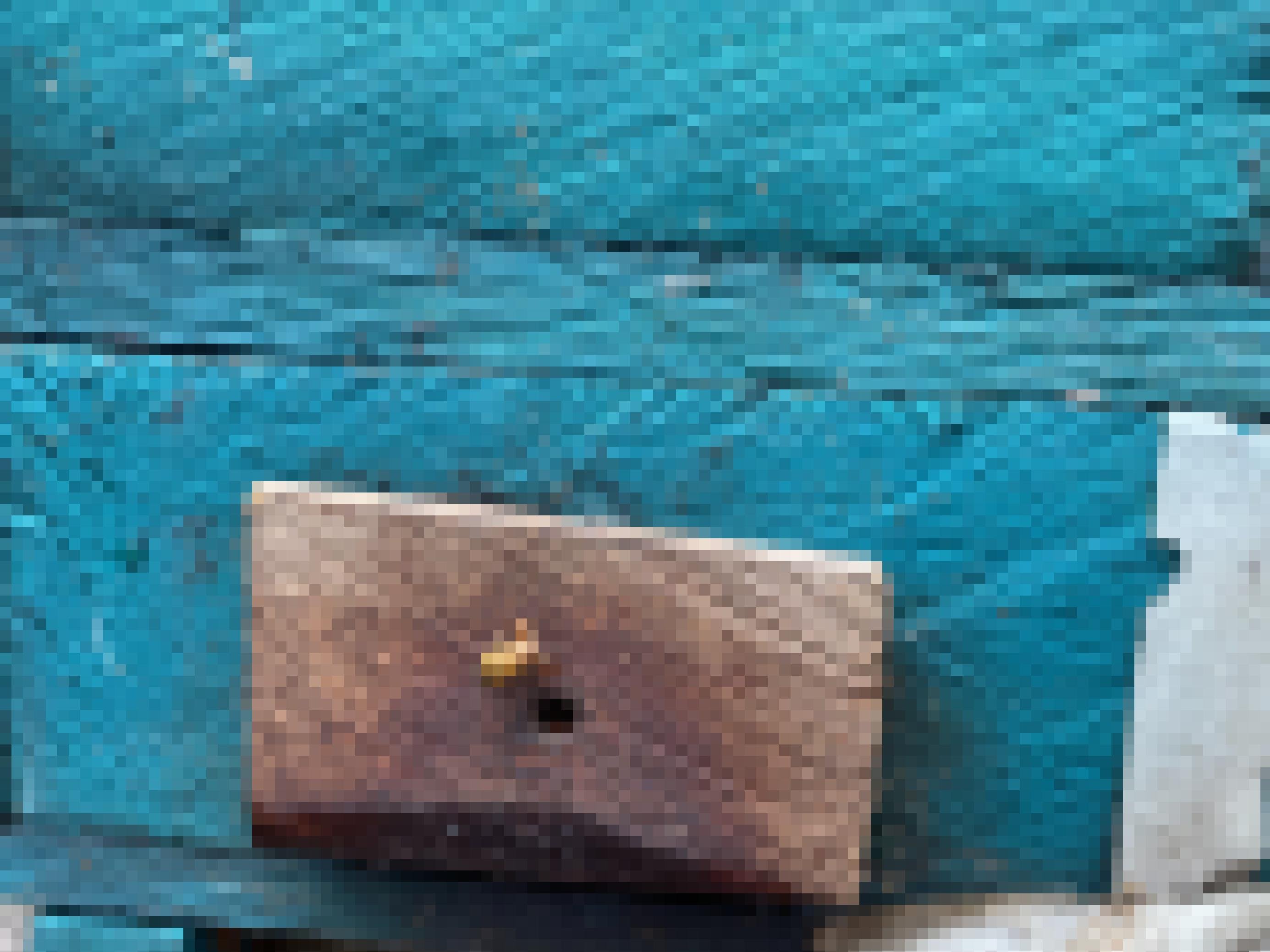 Ein türkis gestrichener Holzkasten mit einem kleinen Einflugsloch, davor krabbelt eine Wildbiene.