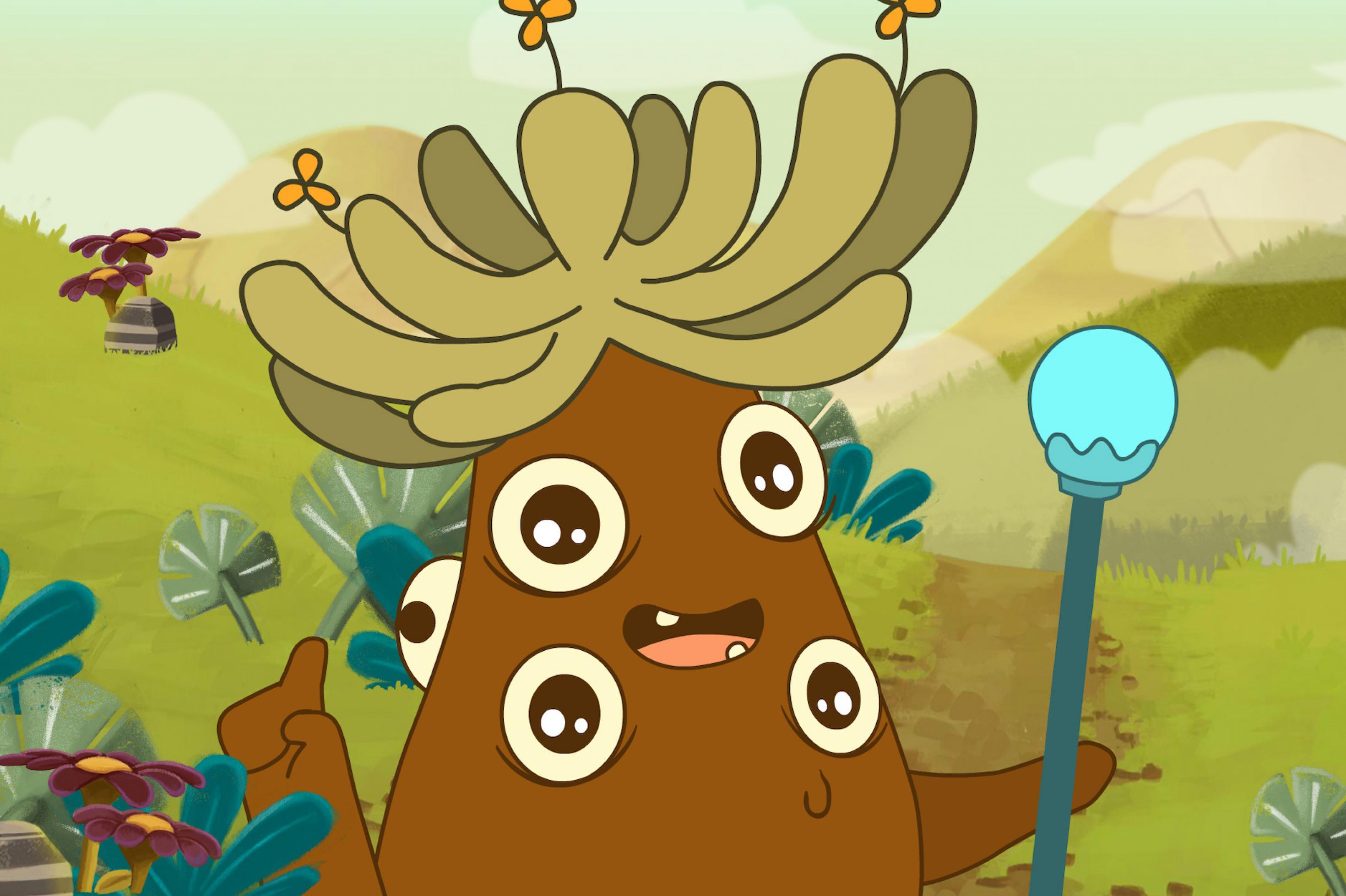 Kartoffel-artige Zeichentrickfigur mit fünf Augen steht in Berglandschaft. Sie hat eine Art grüne Rastalockenkrone auf dem Kopf, aus der Blümchen ragen. In einer Hand hält sie ein Szepter.
