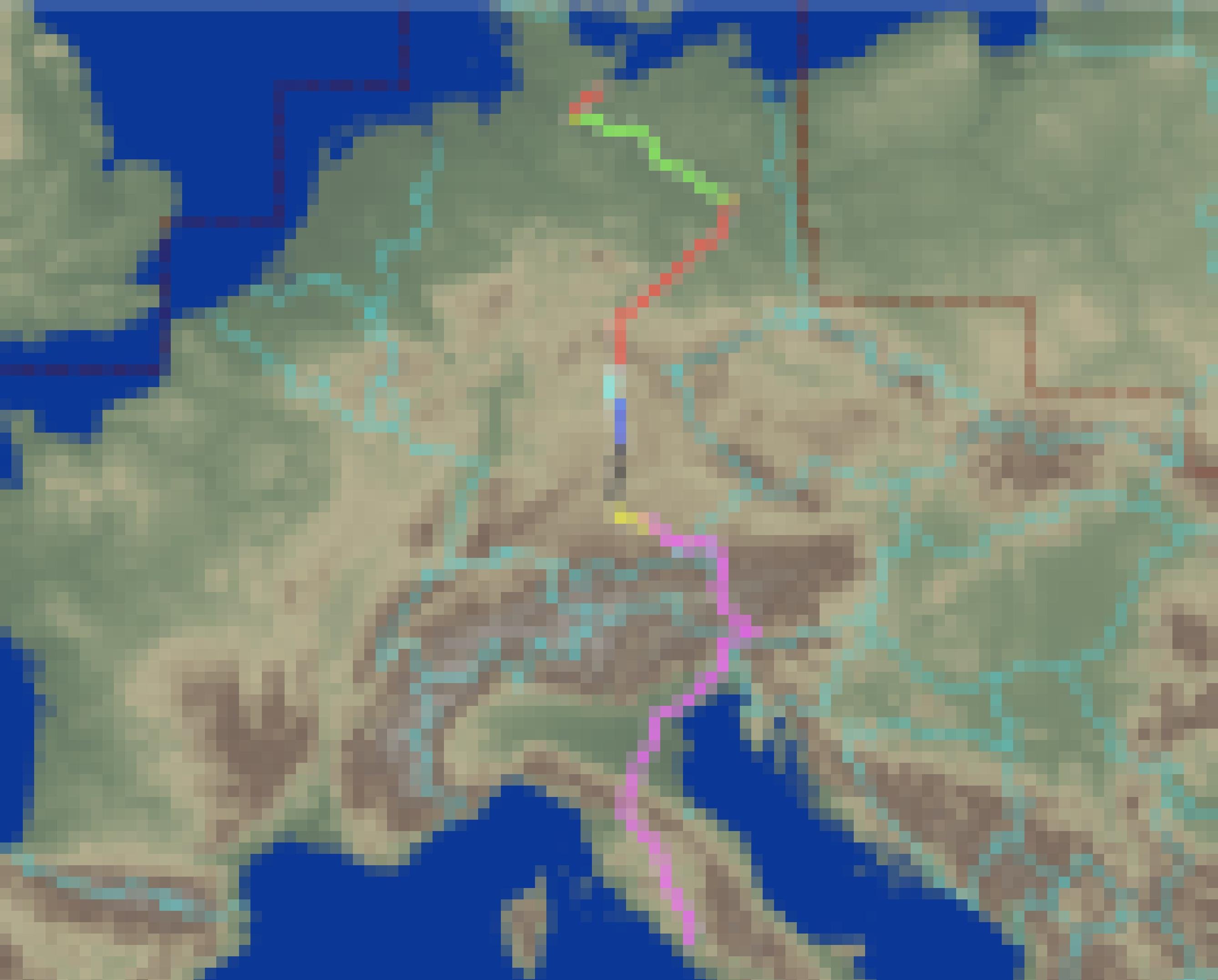 Kartenausschnitt mit Teilen Mittel- und Südeuropas, auf denen eine von Nord nach Süd laufende Route über die Alpen markiert ist