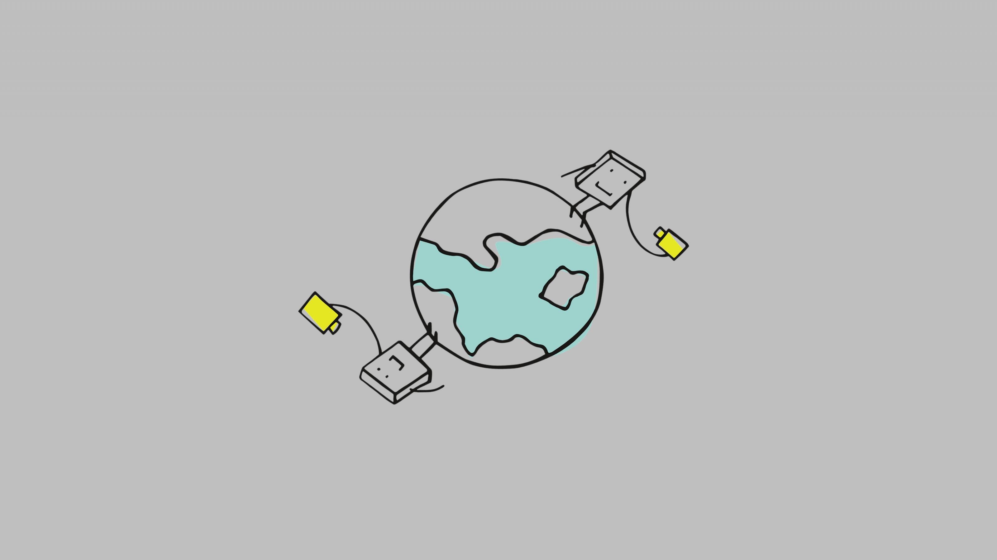 Symbolbild (Strichzeichnung): Zwei rechteckige Wesen stehen auf entgegengesetzten Seiten der Erde. Jedes von ihnen hält eine gelbe Videokamera in der Hand.