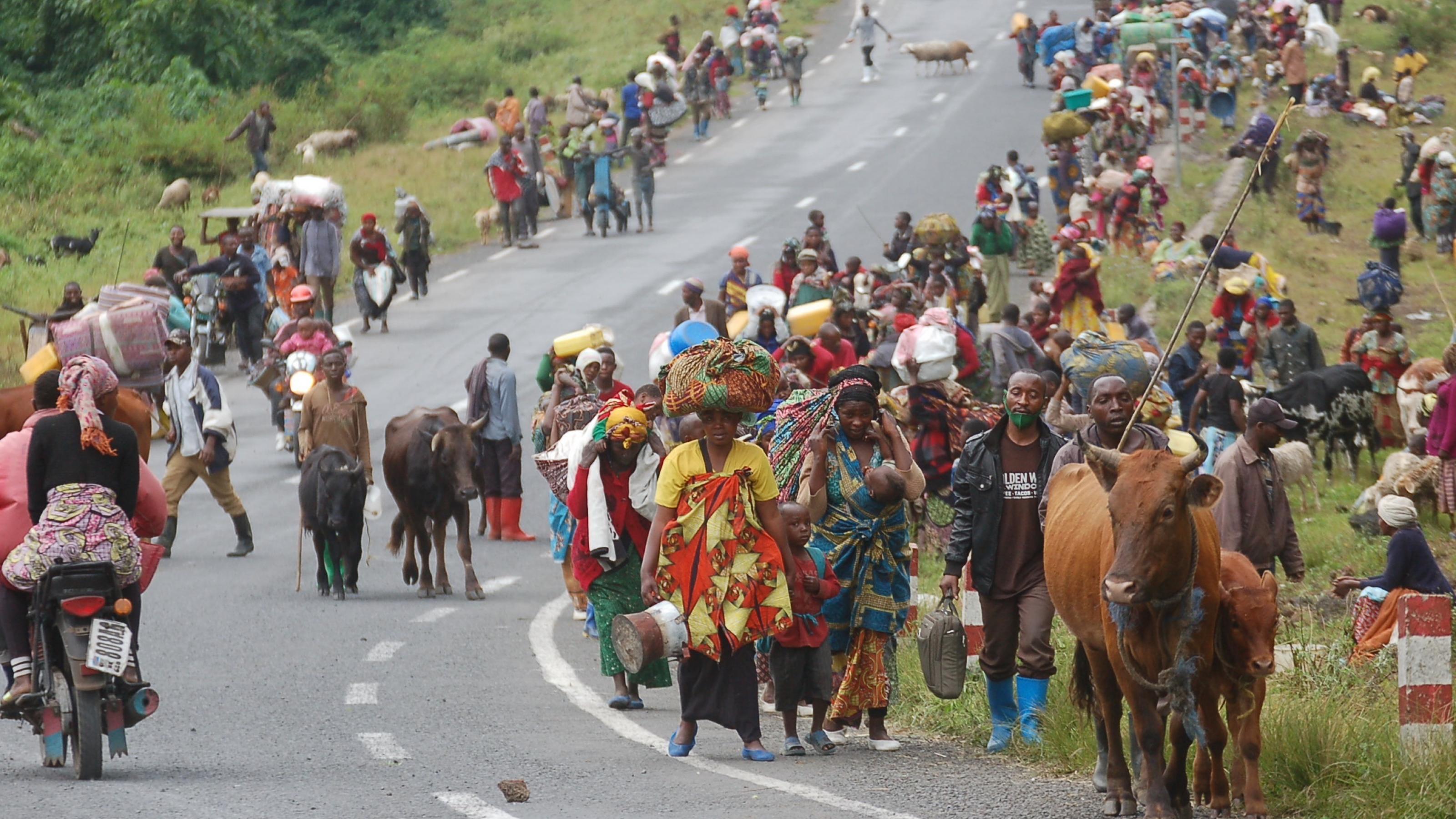 Zu sehen ist eine Asphaltstraße, darauf viele Menschen, die zu Fuß fliehen. Etliche haben ihre Rinder oder Schafe dabei, andere tragen Matratzen und andere Besitztümer.