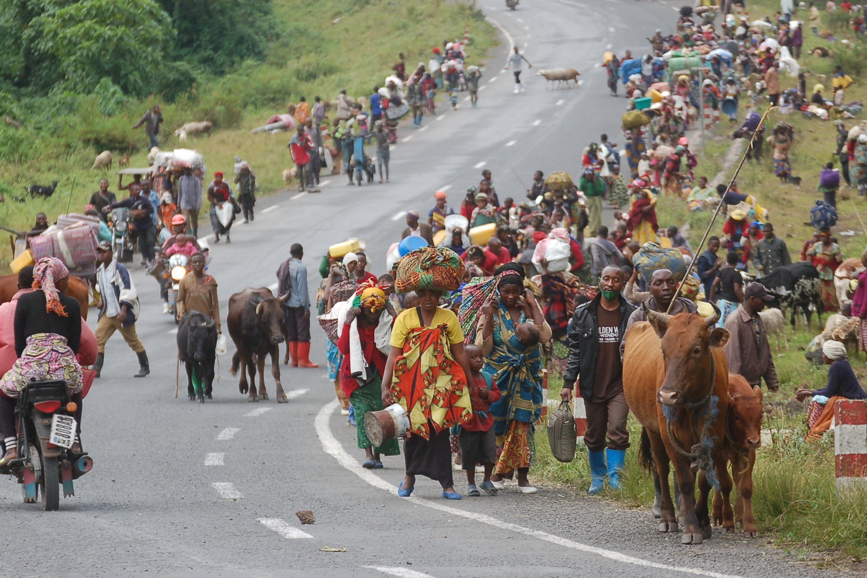 Zu sehen ist eine Asphaltstraße, darauf viele Menschen, die zu Fuß fliehen. Etliche haben ihre Rinder oder Schafe dabei, andere tragen Matratzen und andere Besitztümer.