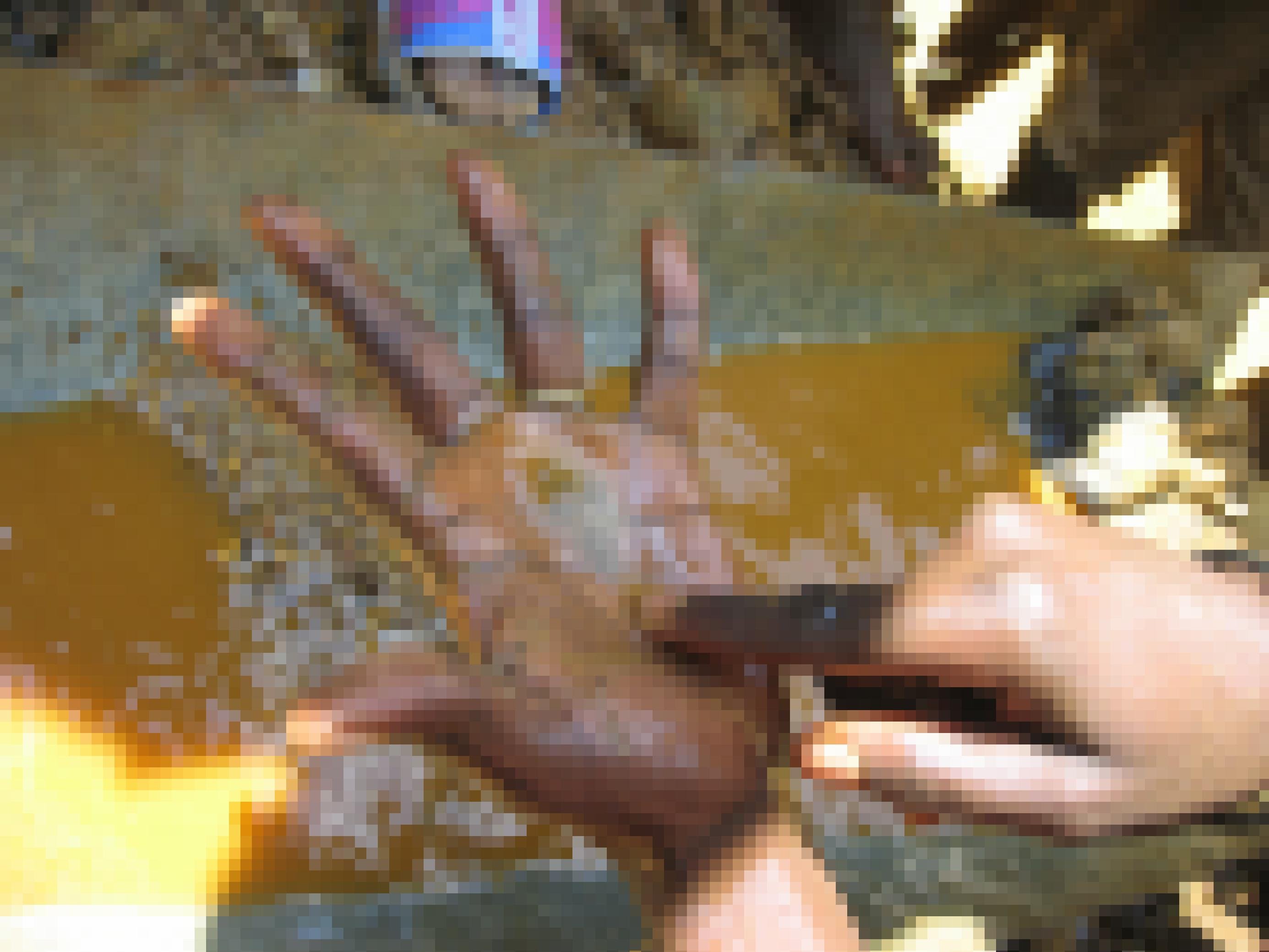 Zu sehen ist eine offene Hand mit Sand, mit dem Finger der anderen Hand zeigt jemand auf den Sand. Er will wohl zeigen, dass Goldkrümel darunter sind, sie sind mit bloßem Auge nicht zu erkennen.