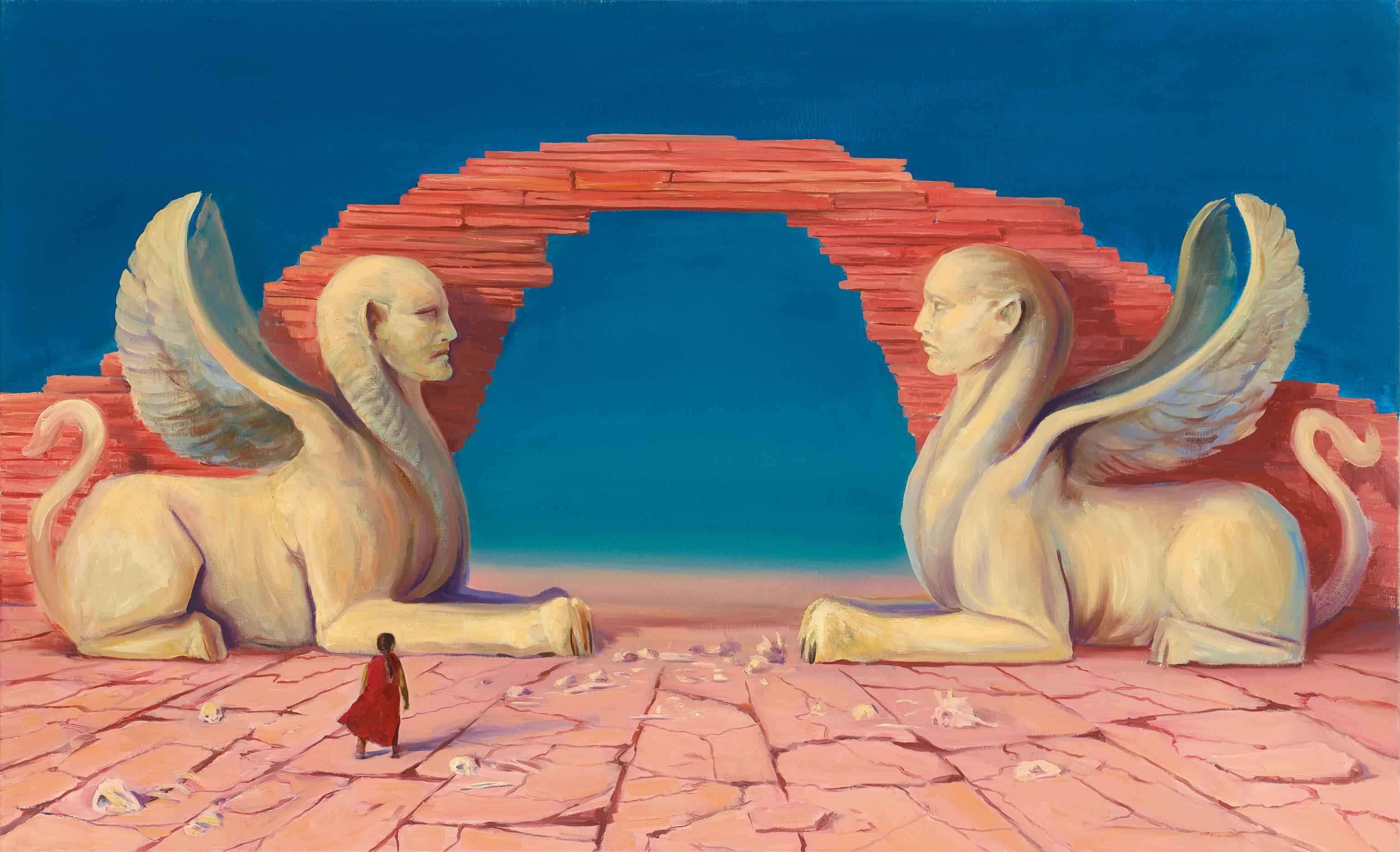 Zwei weiße Sphinxen (geflügelte Löwinnen mit Menschengesichtern) bewachen ein Tor aus übereinander liegenden Felsen. Sie sitzen sich gegenüber. Der Held Atreju muss zwischen ihnen durchgehen. Der Boden um ihn herum ist übersät mit Knochen.