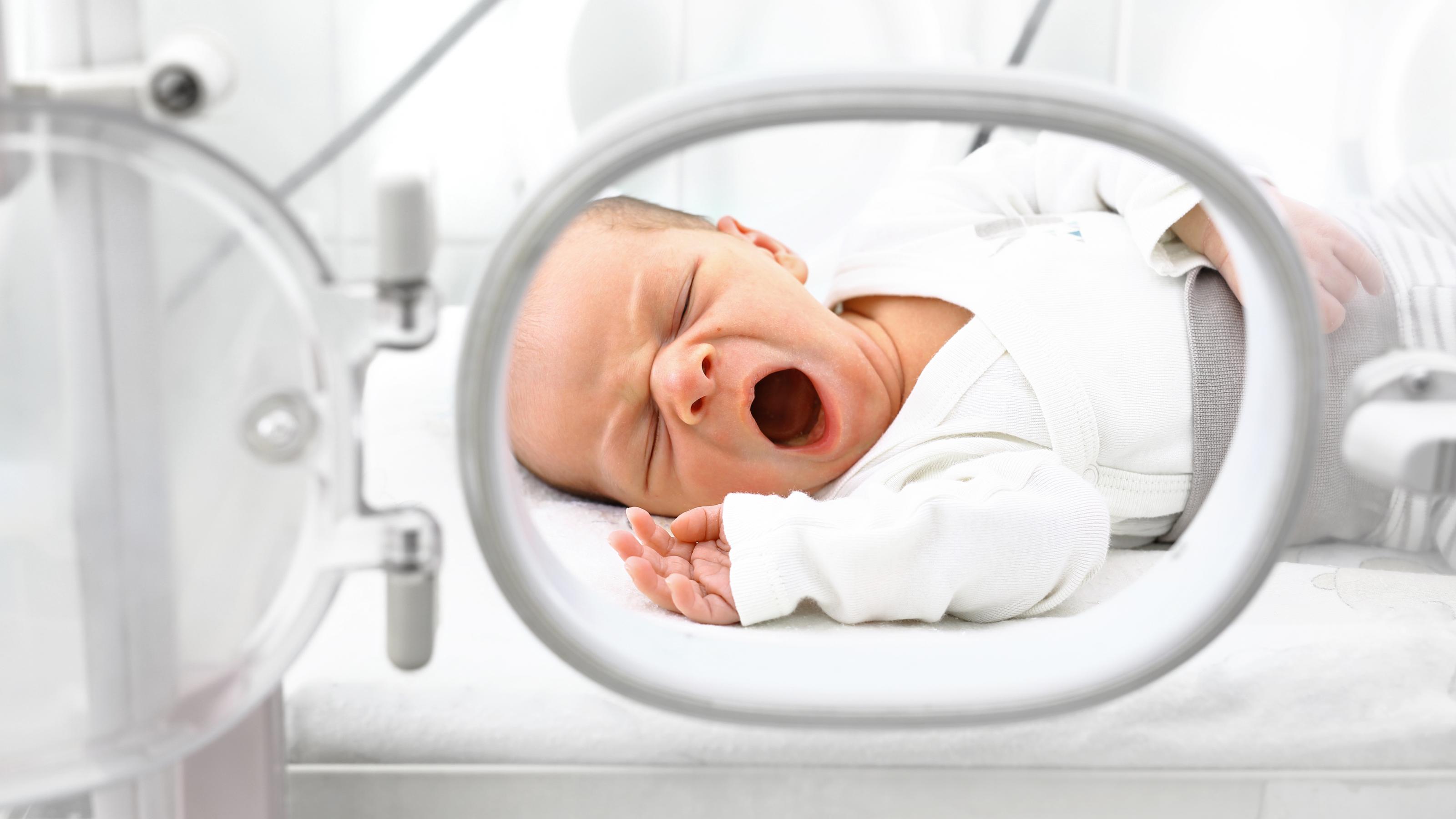 Durch das Fenster im Inkubator sieht man ein Neugeborenes mit offenem Mund. Viele Geburtsstationen stehen vor großen finanziellen Problemen.