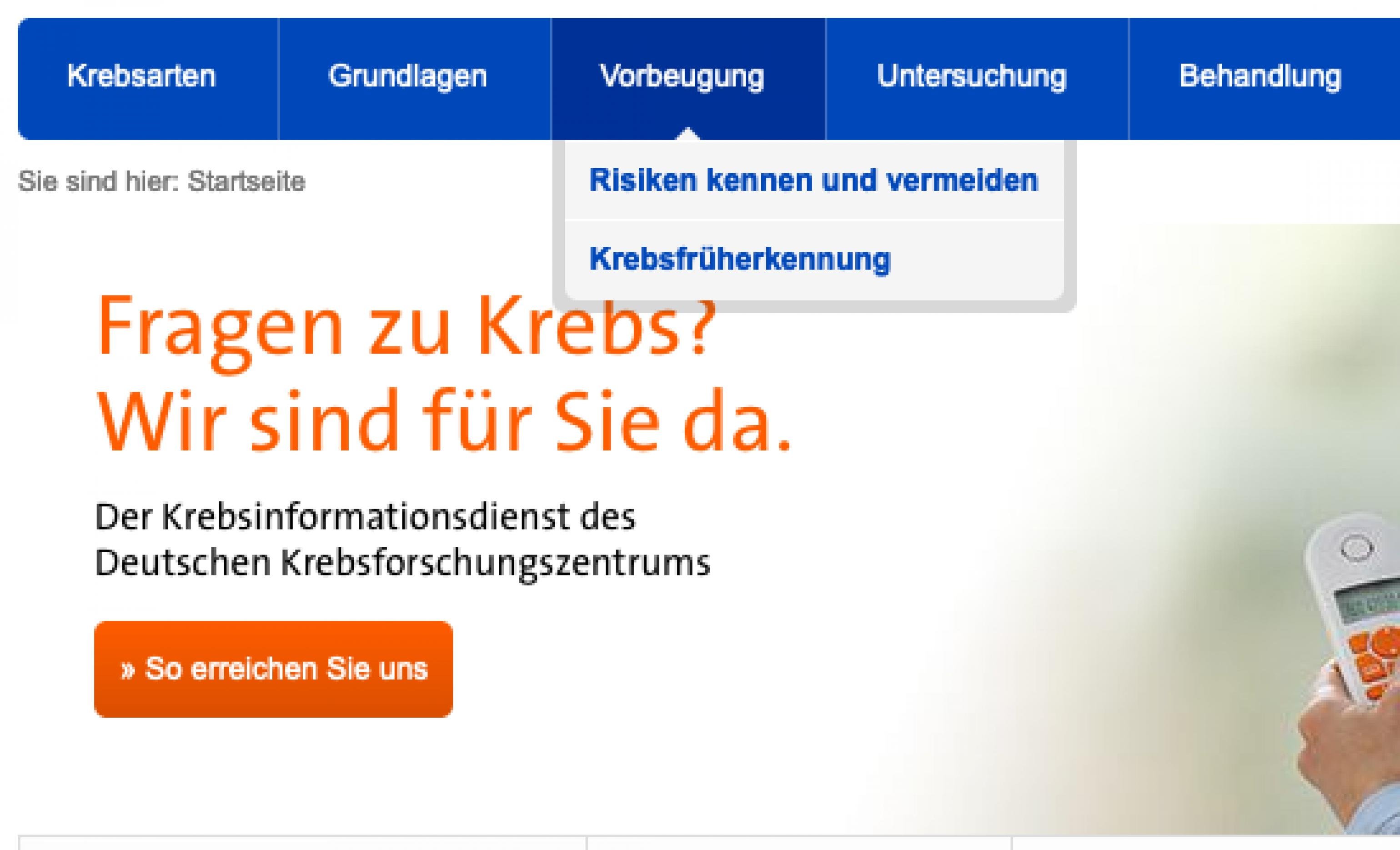 Screenshot Navigationselemente www.krebsinformationsdienst.de. Zu sehen ist ein Drop-Down-Menü zum Navigationspunkt „Vorbeugung“