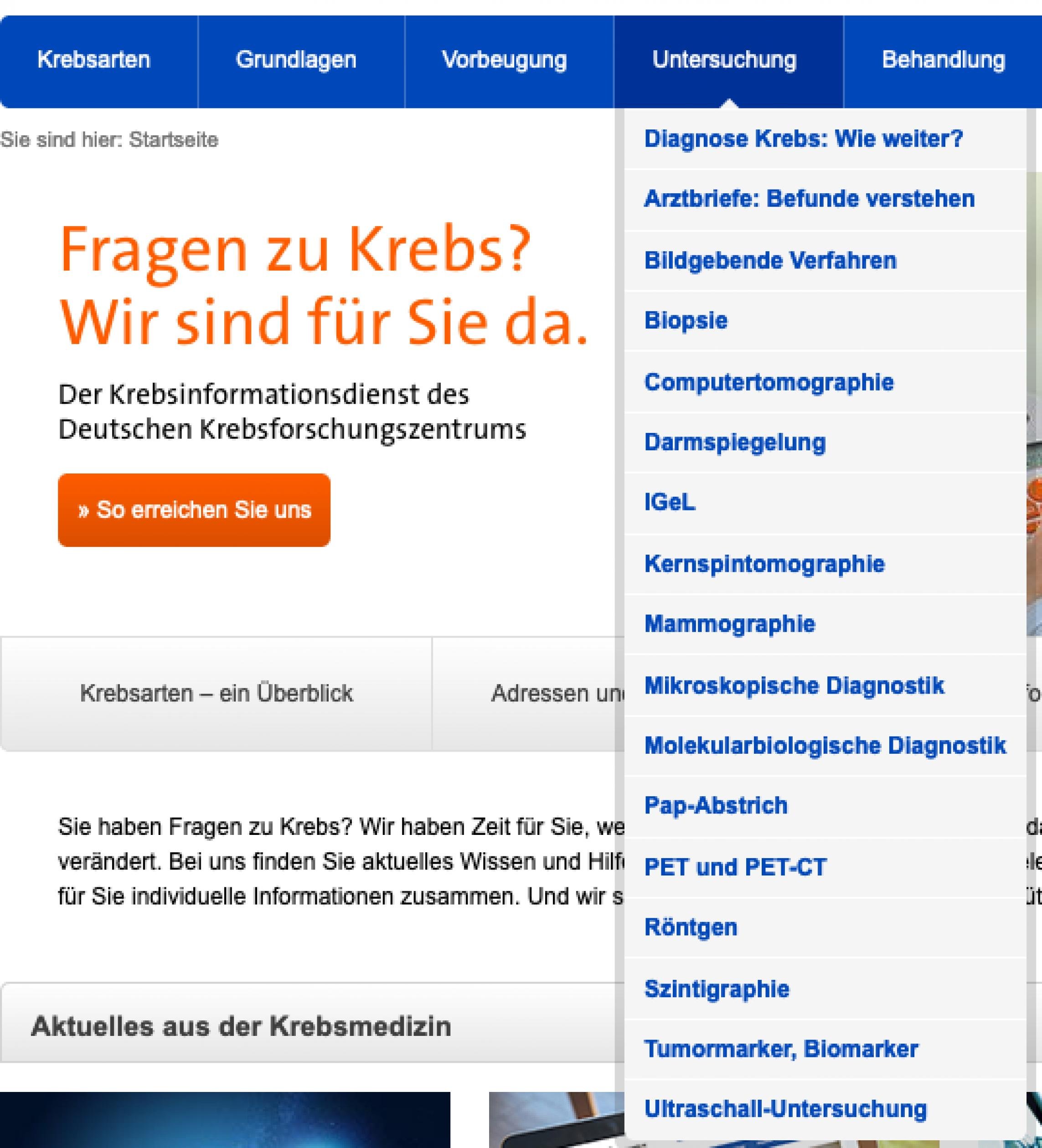 Screenshot Navigationselemente www.krebsinformationsdienst.de. Zu sehen ist ein Drop-Down-Menü zum Navigationspunkt „Untersuchung“