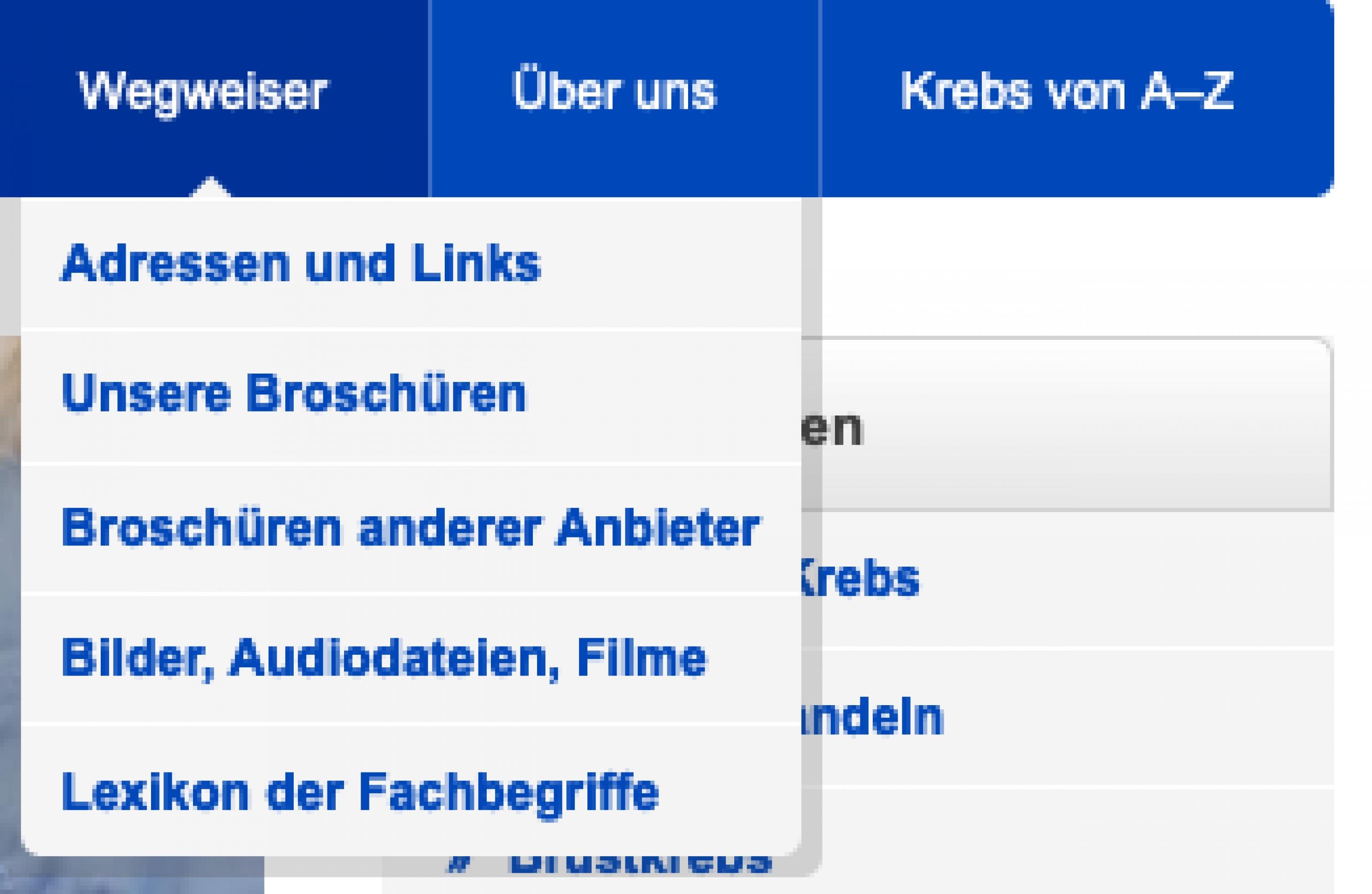 Screenshot Navigationselemente www.krebsinformationsdienst.de. Zu sehen ist ein Drop-Down-Menü zum Navigationspunkt „Wegweiser“