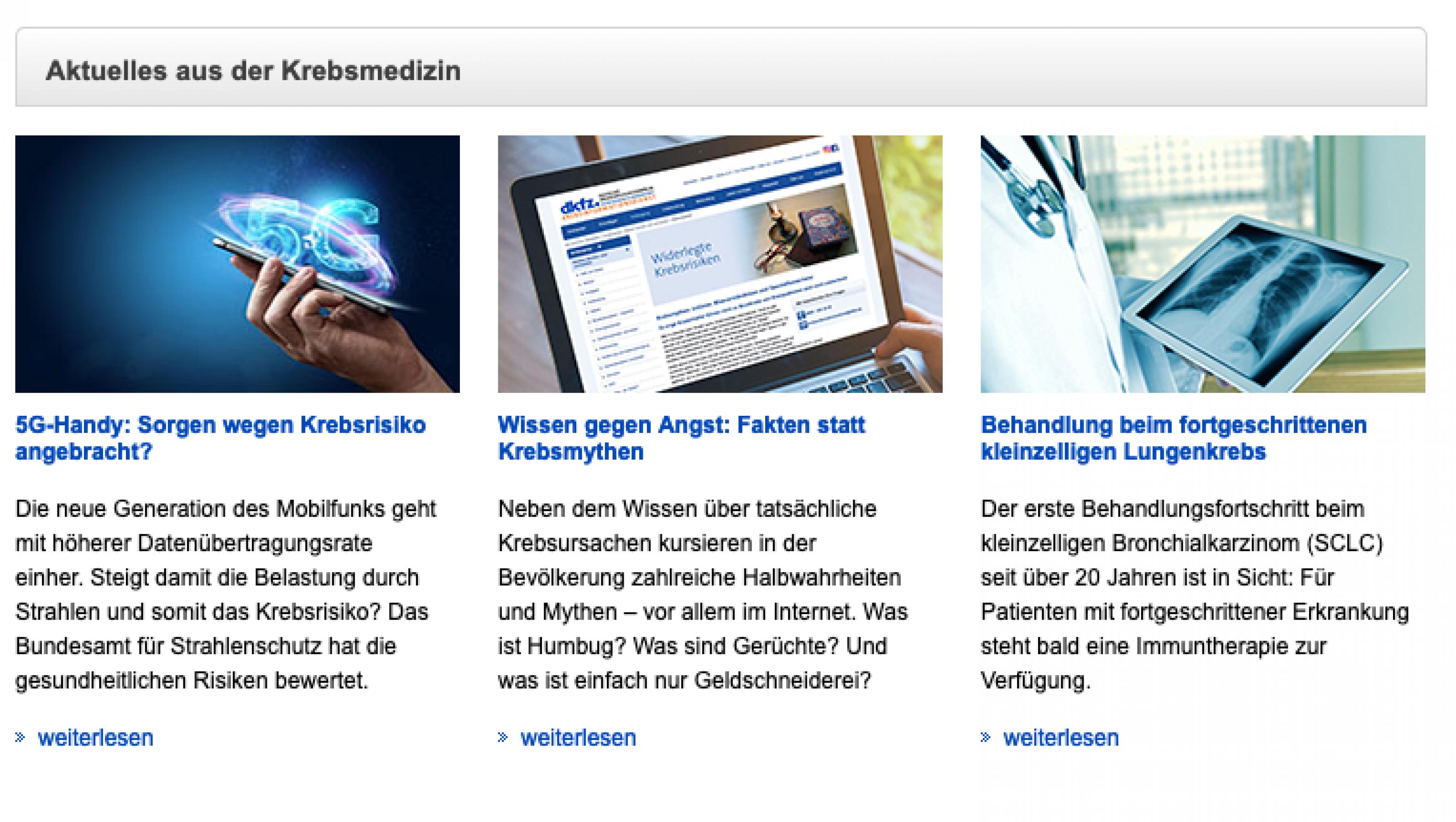 Screenshot Startseite www.krebsinformationsdienst.de. Zu sehen ist der Bereich „Aktuelles“, in dem der Dienst über neue Erkenntnisse zu Krebserkrankungen und Therapien berichtet