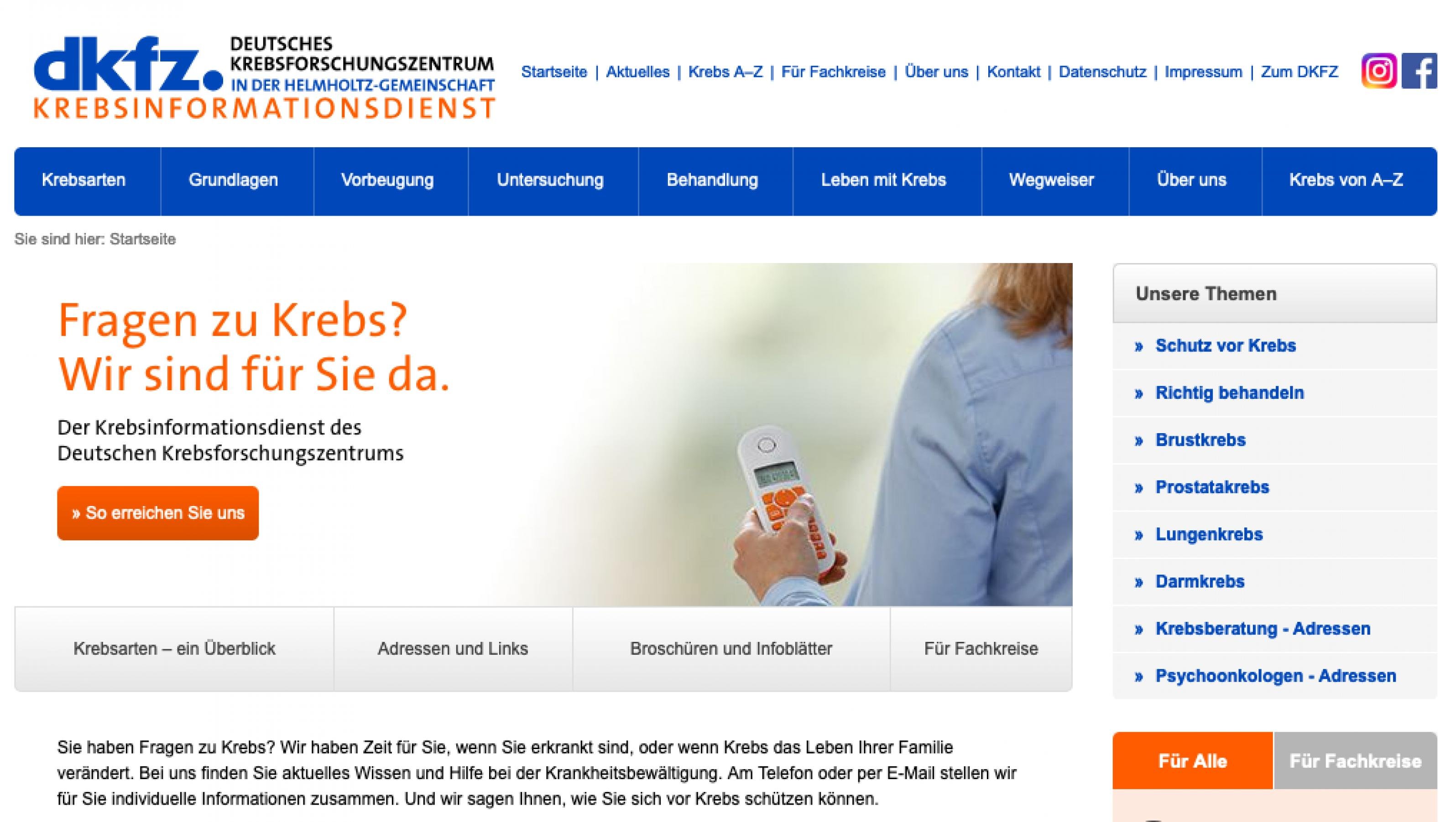 Screenshot Startseite www.krebsinformationsdienst.de. Zu sehen sind Header mit Logo, Aufmacherbild und Navigationselemente (Hauptmenü und Sidebar)