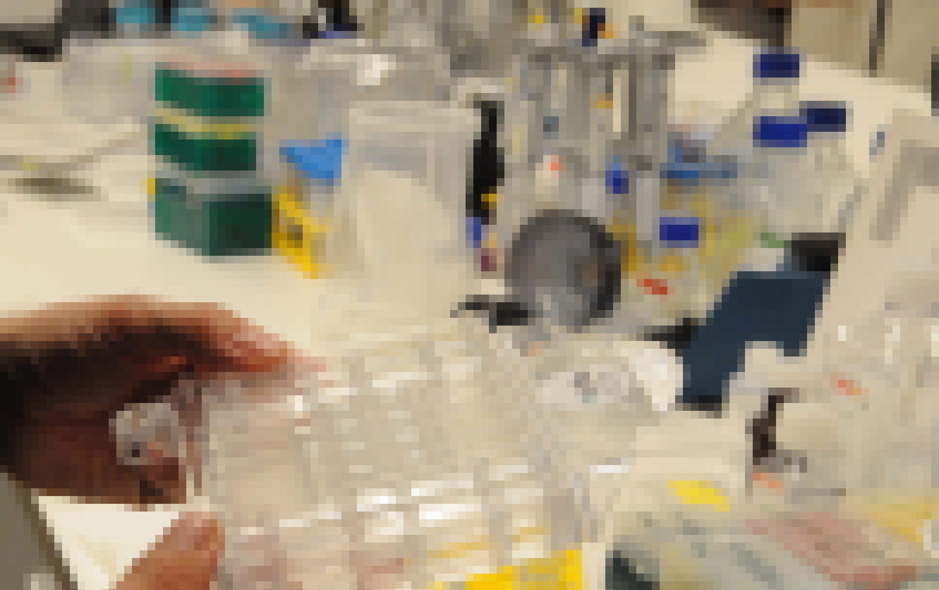 Eine Hand hält ein rechteckiges durchsichtiges Plastikgefäß, das mehrere Vertiefungen hat. Der Hintergrund zeigt unscharf Laborbedarf.