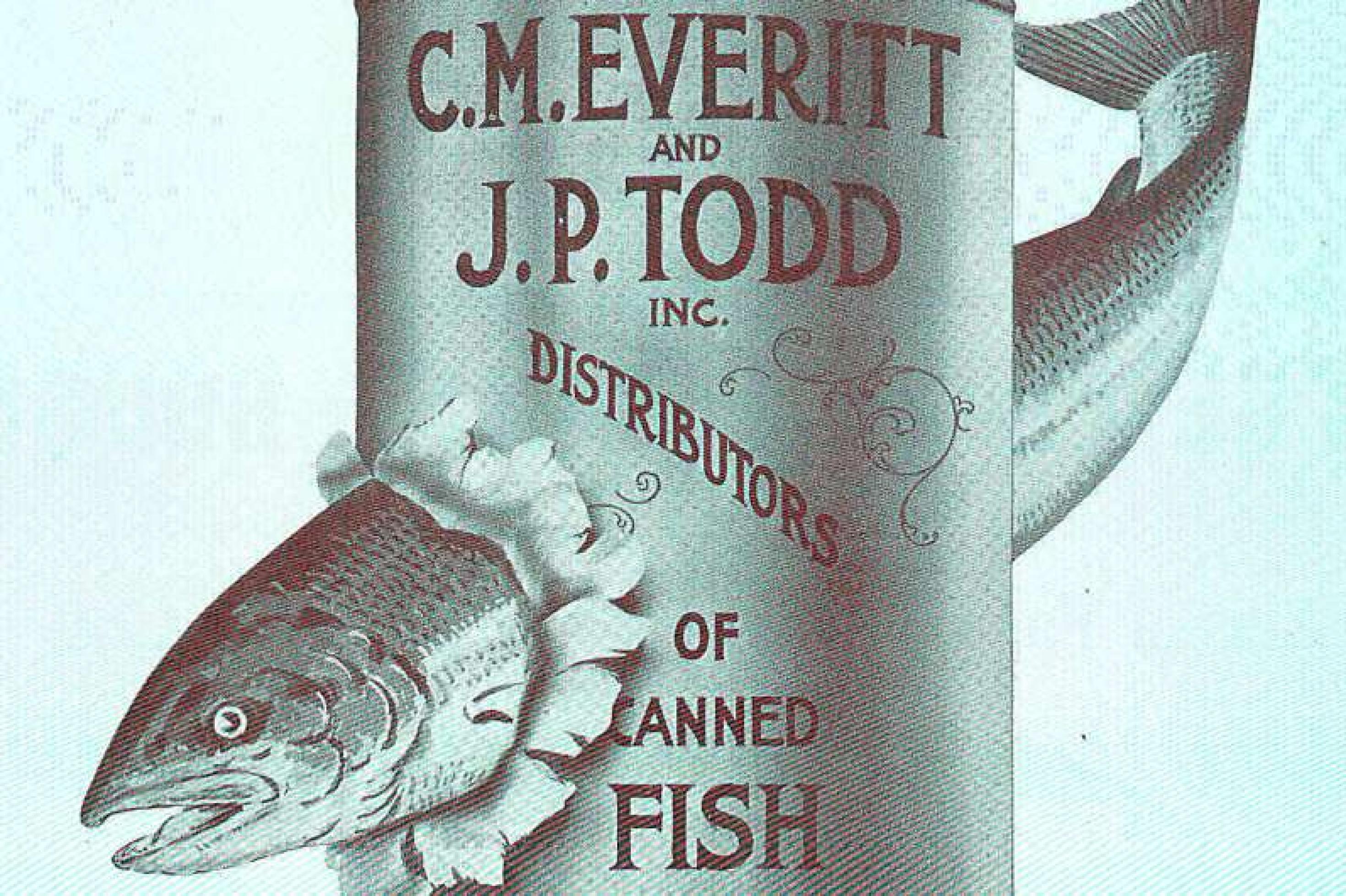 Altertümliches Werbebild von einem Lachs, der eine Konservendose durchschwimmt. Die Aufschrift weist auf eine amerikanische Fischfabrik hin.
