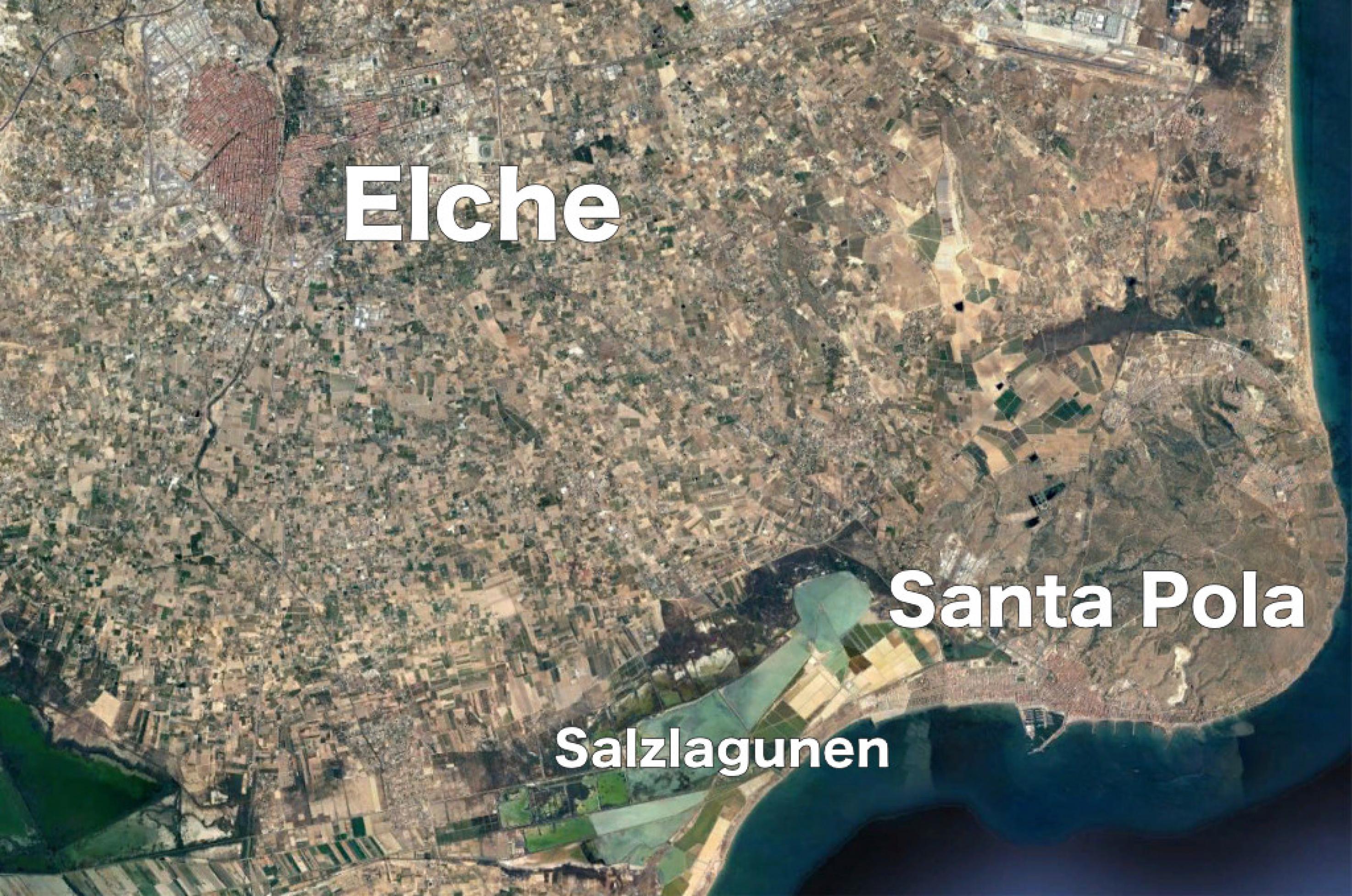 Landkarte auf der die Städte Elche und Santa Pola abgebildet sind.