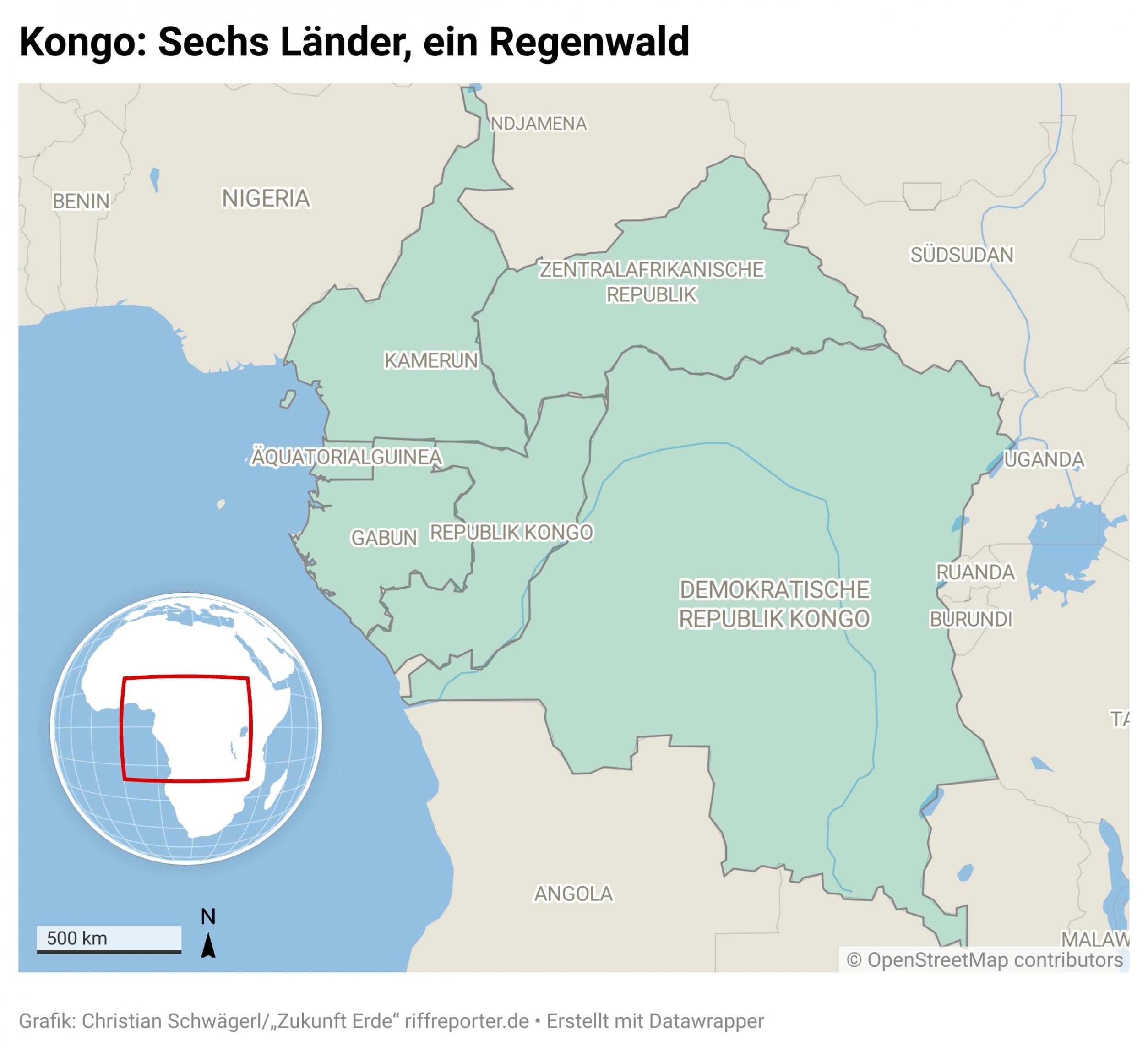 Landkarte der sechs Länder des Kongobeckens: Kamerun, Zentralafrikanische Republik, Demokratische Republik Kongo, Republik Kongo, Äquatorialguinea, Gabun.