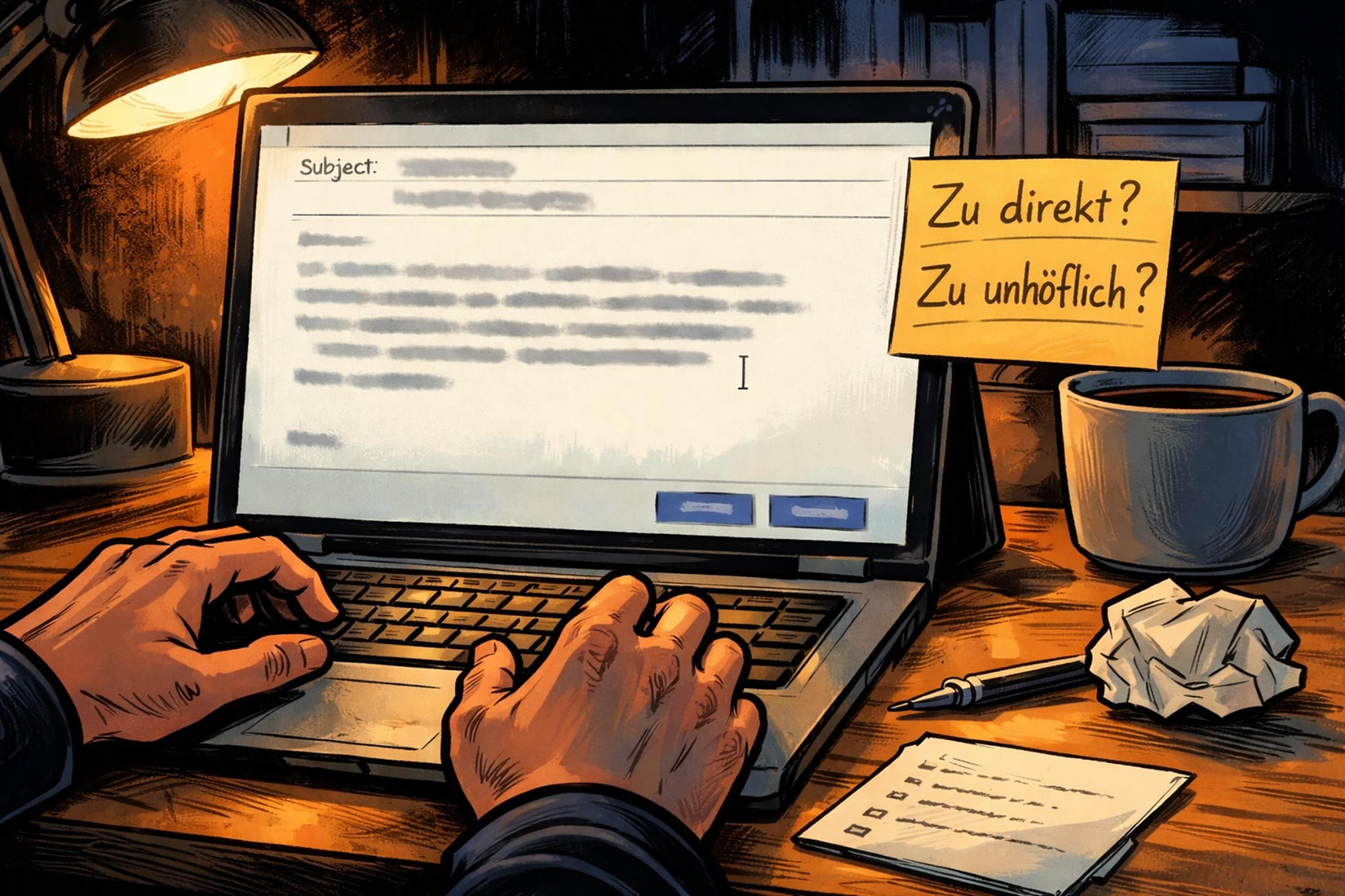 Zeichnung eines Laptops mit geöffnetem E-Mail-Programm. Hände liegen auf der Tastatur, Notizen und ein zerknüllter Zettel daneben. Am Monitorrand klebt ein Post-It mit den Fragen „Zu direkt?“ und „Zu unhöflich?“.
