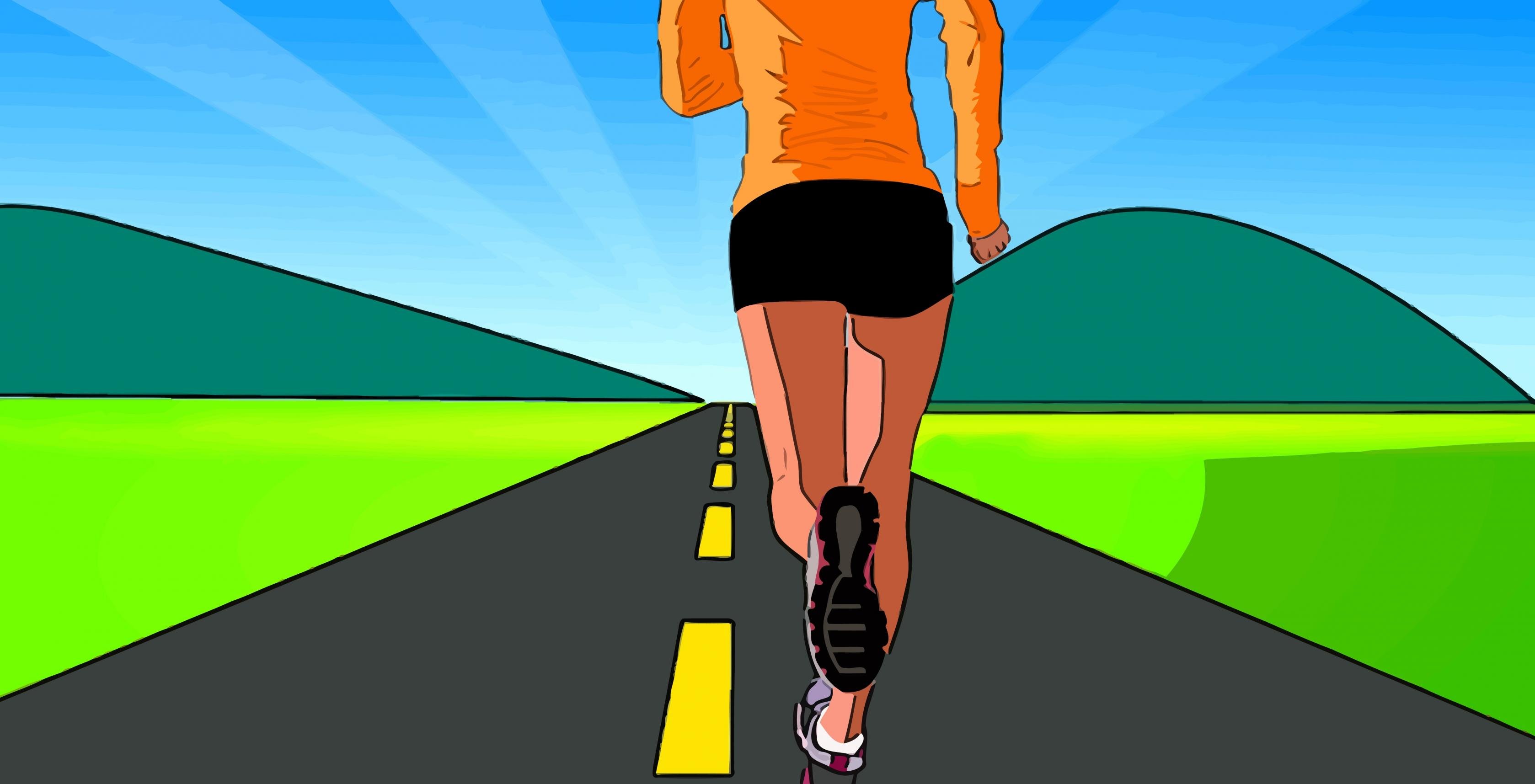 Grafik einer Frau, die auf einer Straße der Sonne entgegen joggt.
