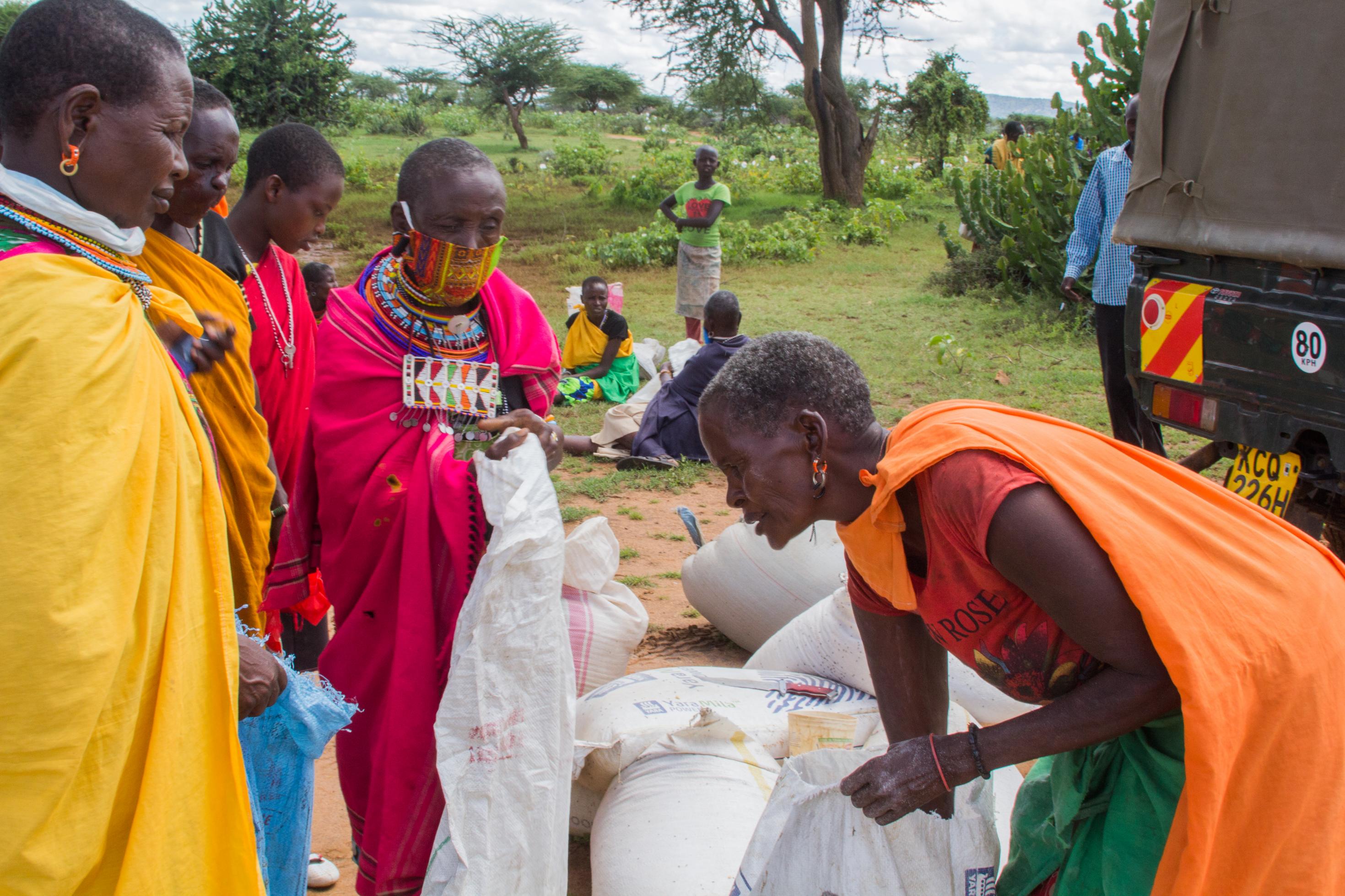 In den Nachbardörfern von Loisaba werden Lebensmittel verteilt, die das Schutzgebiet bezahlt hat. Maasai-Frauen sind mit ihrem traditionellen Schmuck gekommen, einige tragen eine Gesichtsmaske. Sie haben große Säcke für die Lebensmittel dabei, kriegen aber nur einen kleinen Maßbecher voll, weil mehr nicht da ist.