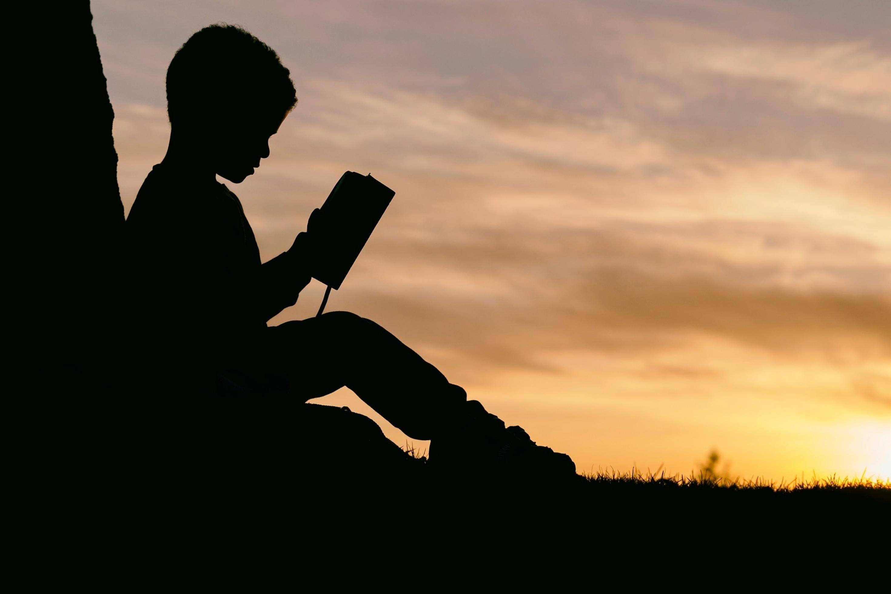 Ein Junge liest an einen Baustamm gelehnt, in der Abenddämmerung ein Buch.