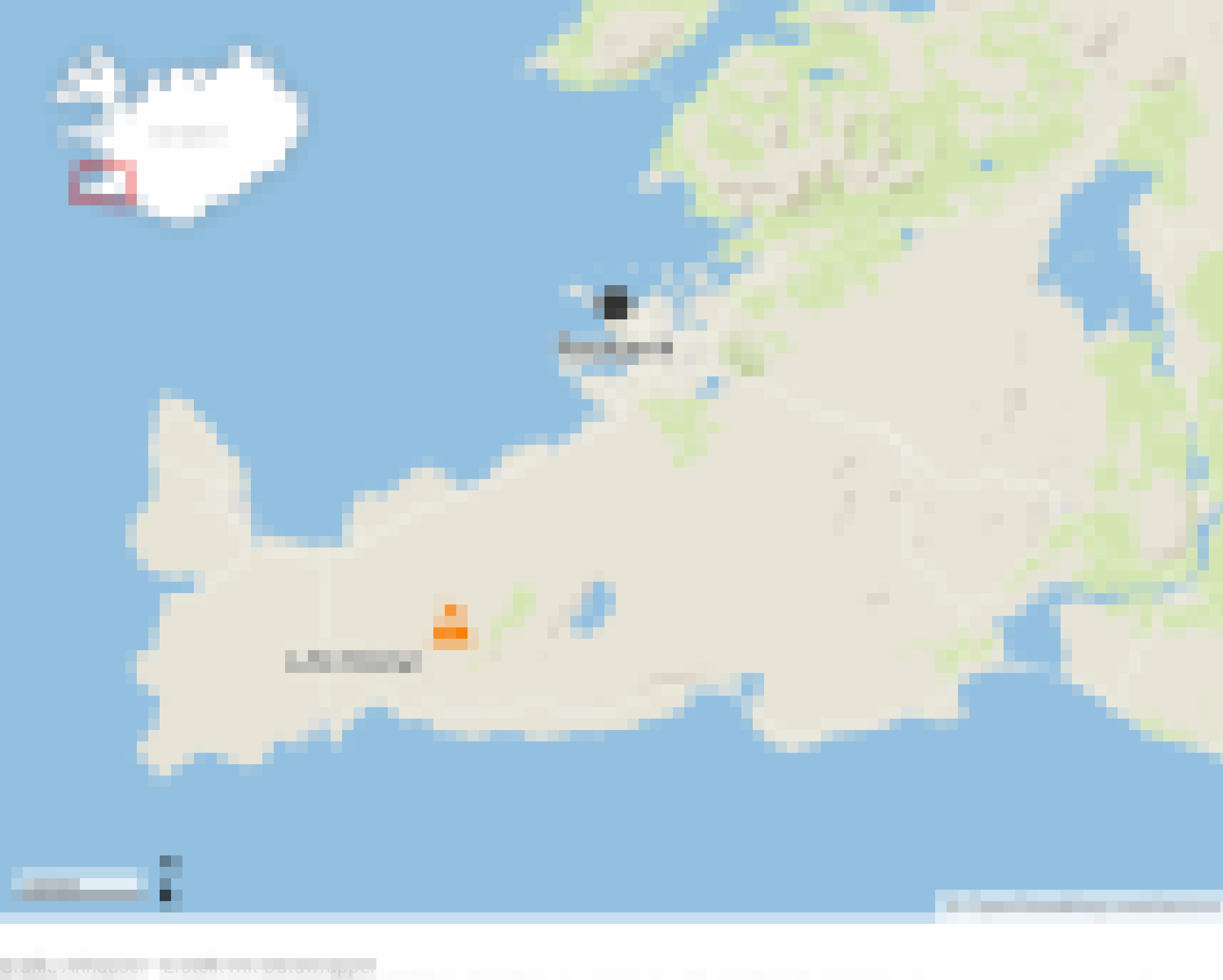 Eine Karte von Südwest-Island. Markiert ist Reykjavik, nicht weit südwestlich davon der neue Vulkan Litli Hrútur.
