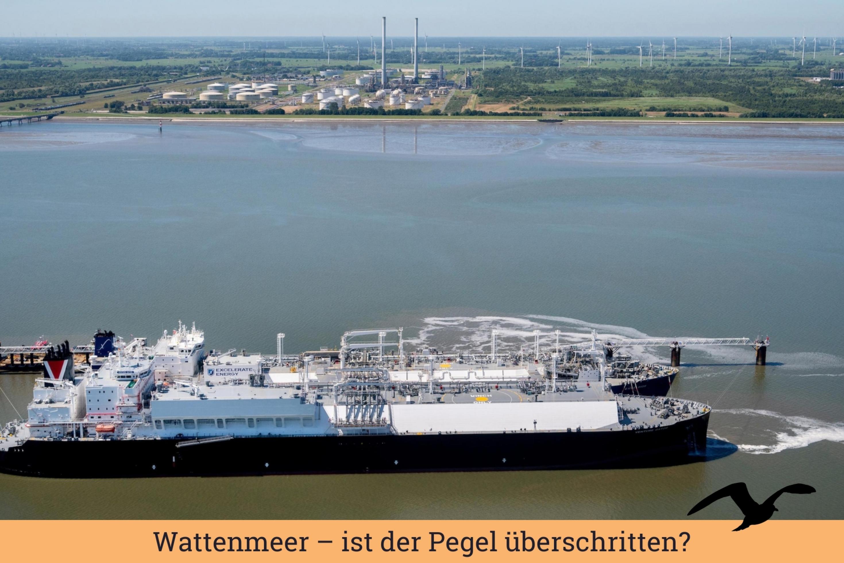 FLüssiggastanker an Hafenterminal vor Hintergrund von Raffinerie und Grünfläche an Land.