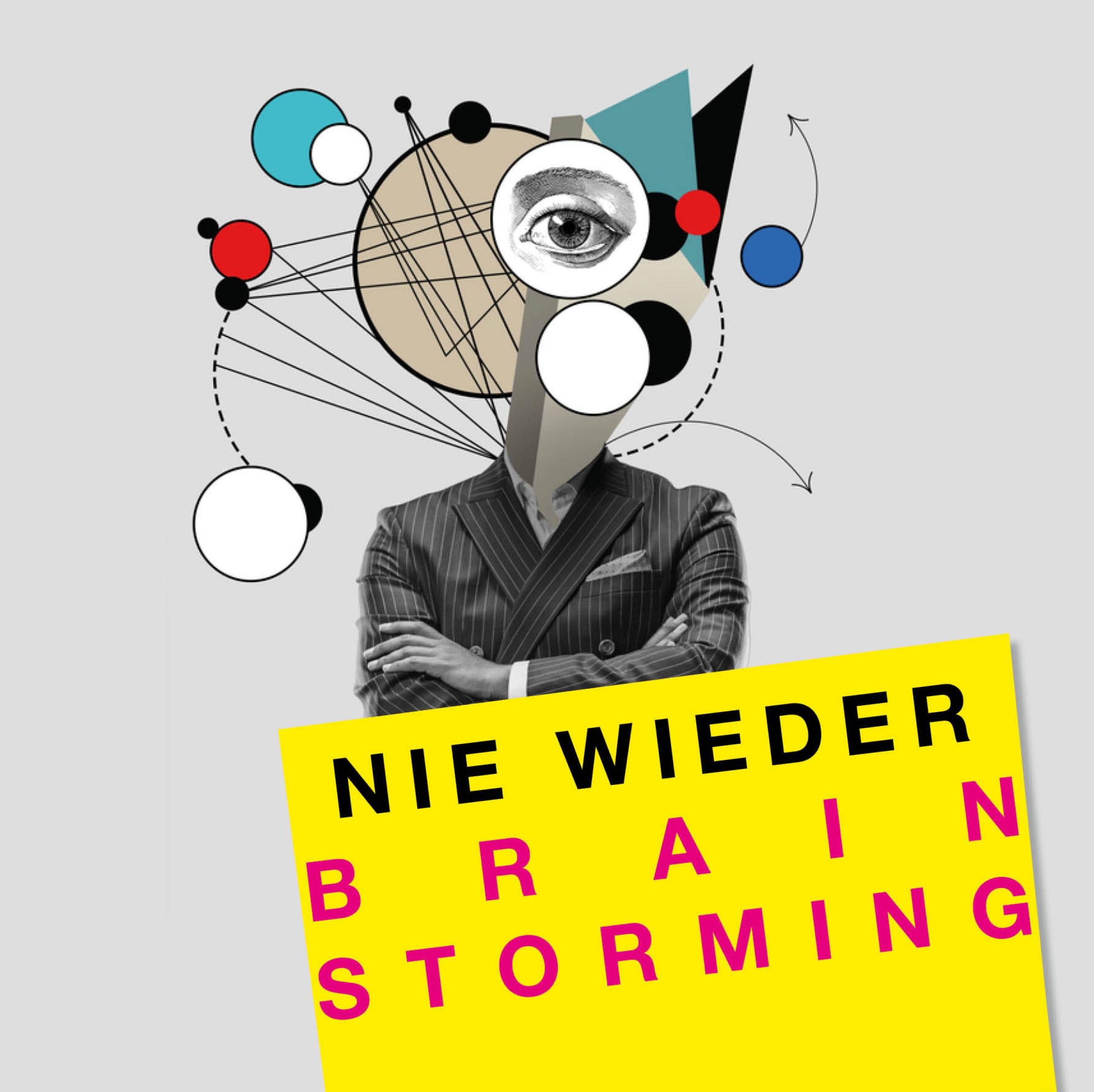 Logo Nie wieder Brainstorming, Illustration  Mann im Anzug mit Kreisen statt Kopf
