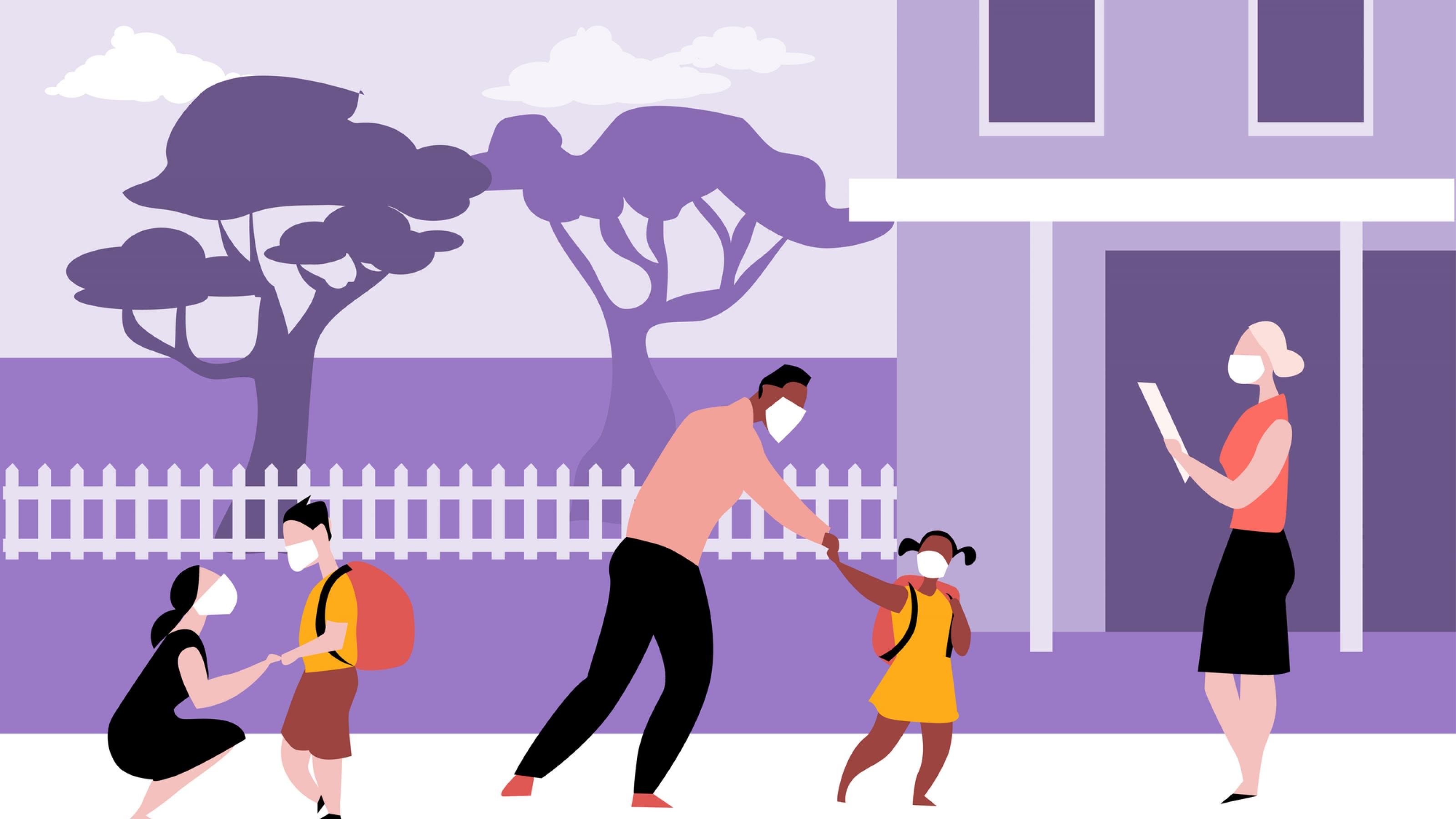Grafik zeigt symbolisch, wie Kinder, Jugendliche und Eltern vor einer Schule oder einem Kindergarten warten. Sie tragen Masken gegen Corona.