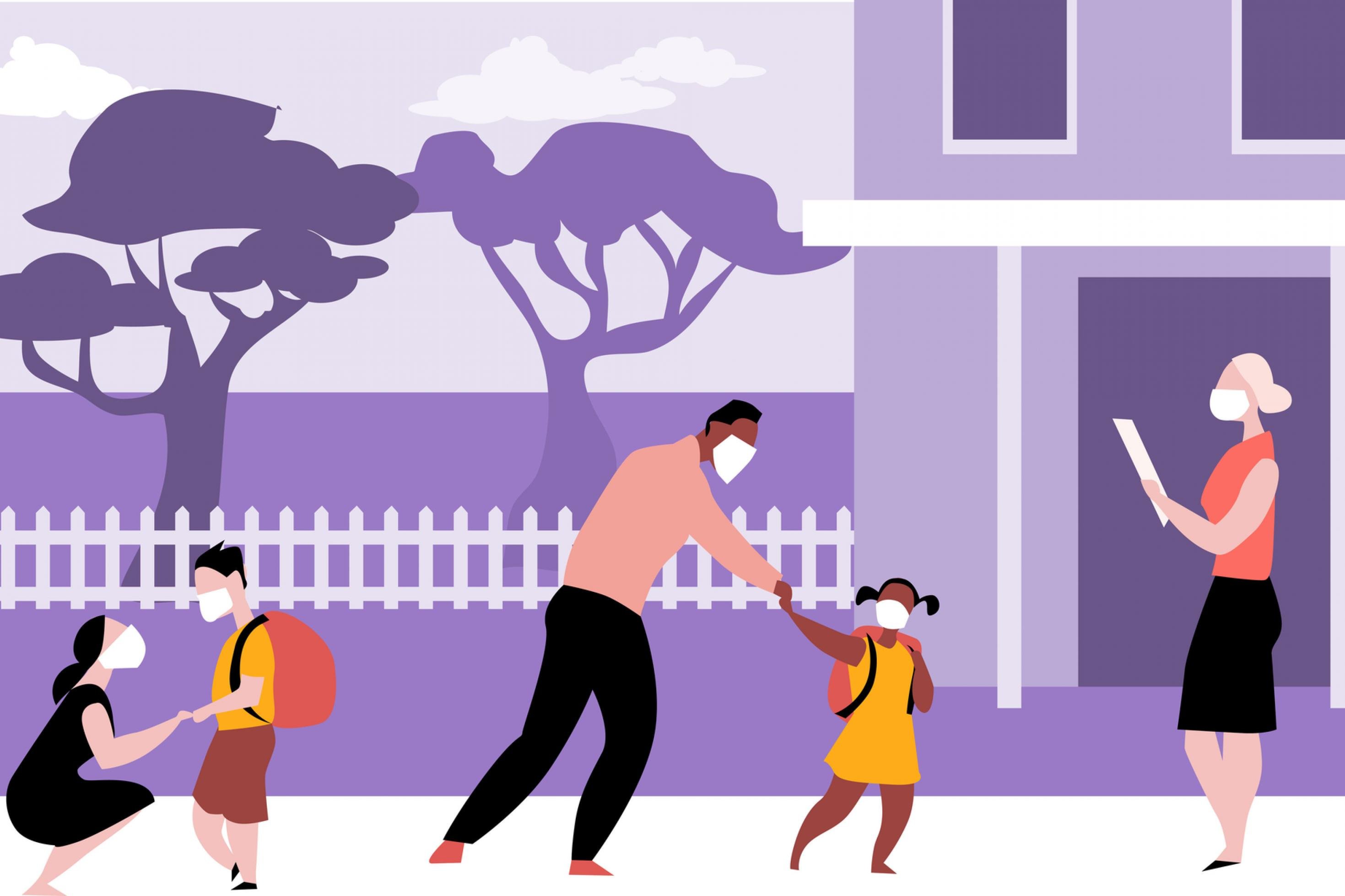 Grafik zeigt symbolisch, wie Kinder, Jugendliche und Eltern vor einer Schule oder einem Kindergarten warten. Sie tragen Masken gegen Corona.