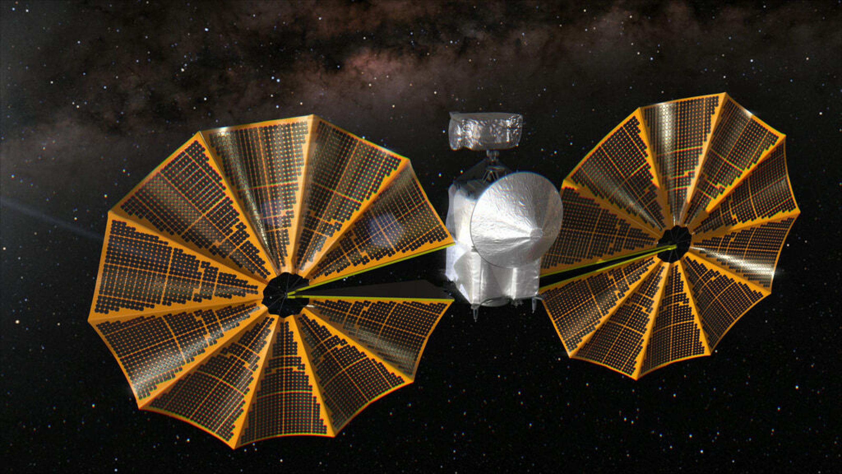 Grafik von Lucy, ein grauer Sondenkörper mit Parabolantenne und hervorstehender Instrumentenplattform. Gerade werden kreisförmige Solarzellen entfaltet.