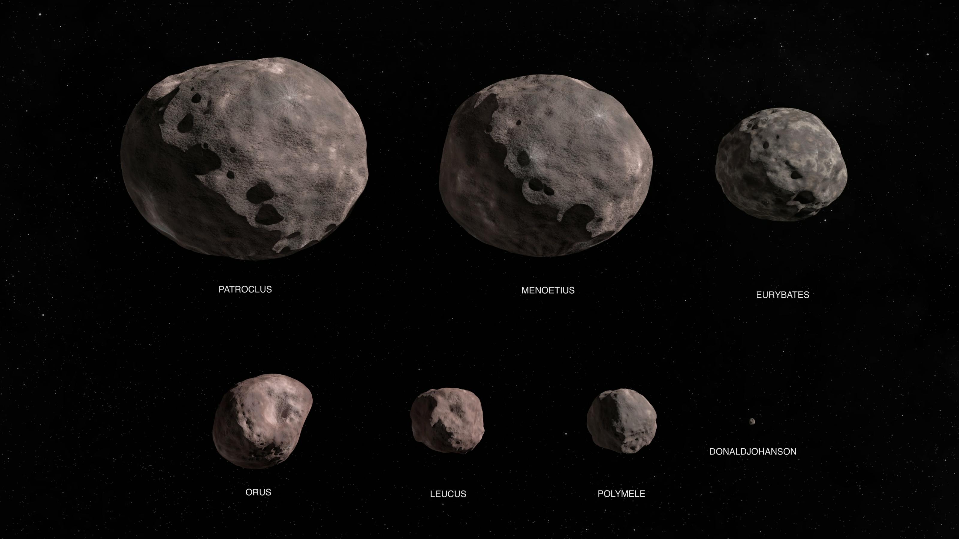 Grafik zeigt die sieben Ziel-Asteroiden der Mission Lucy. Der kleinste passt dutzendfach in den größten unter ihnen.