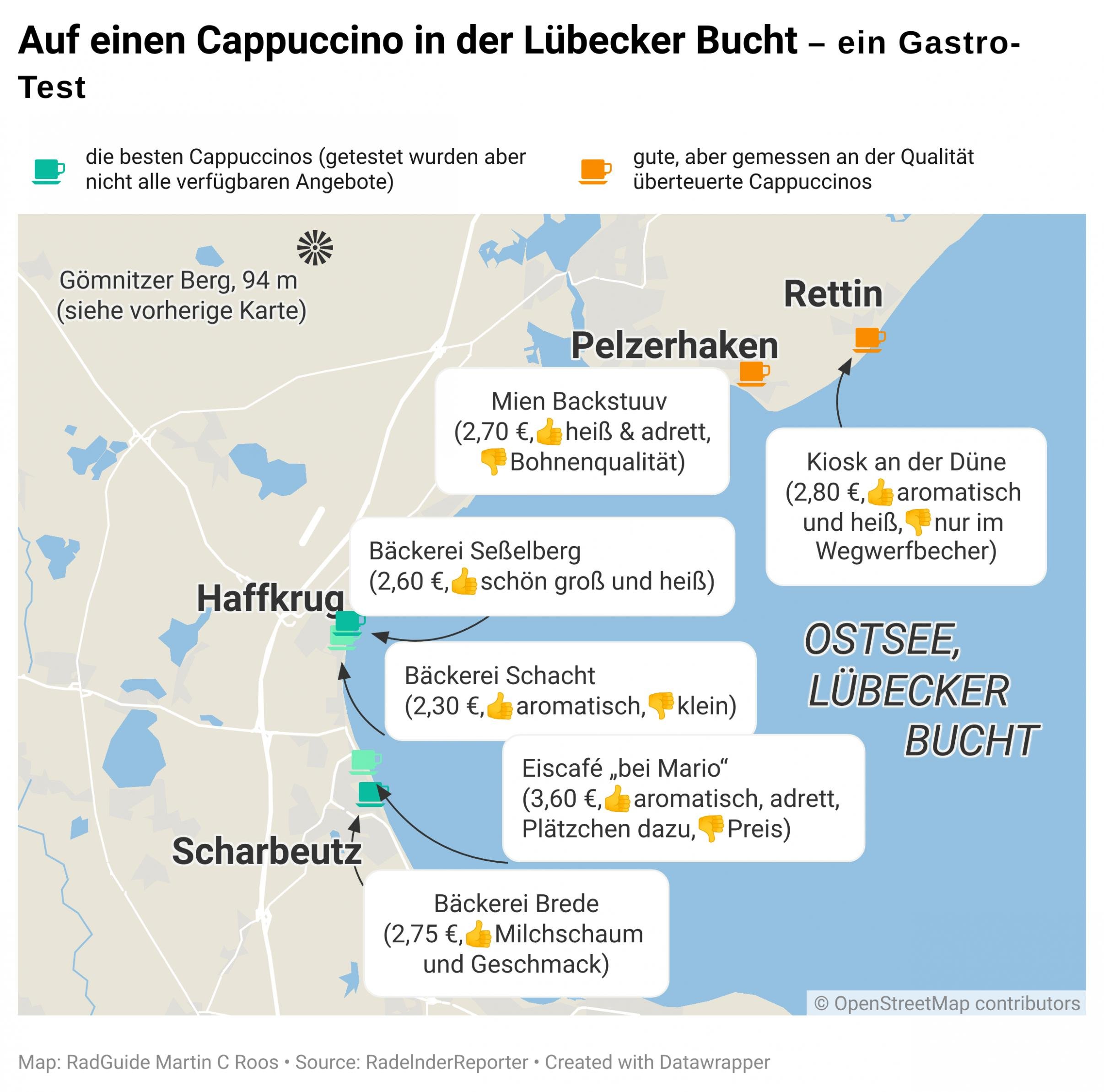 Übersichtskarte der Lübecker Bucht mit eingefügten Test-Eintragungen über konsumierte Cappuccinos. Am besten schneiden in Scharbeutz die Bäckerei Brede sowie in Haffkrug die Bäckerei Seßelberg ab.