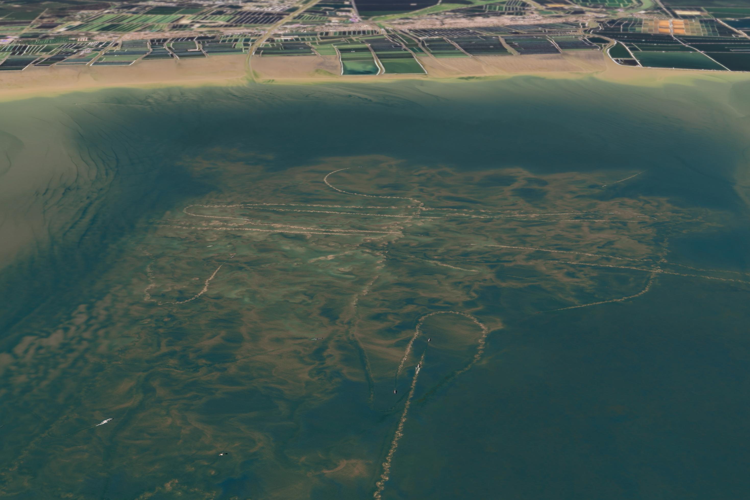 Bild ist ein Luftbild, auf dem man sieht, wie massiv Grundschleppnetzfischerei den Meeresboden aufwühlt.